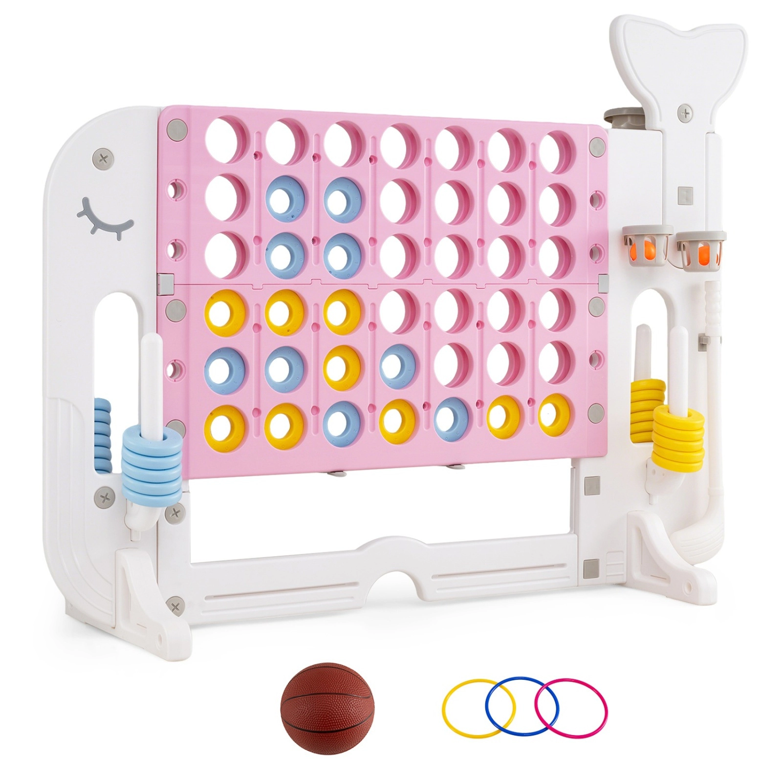 SUGIFT Integrated 4-Game Jumbo Connect Four Combo Game Set with Ring Toss and Basketball Pink Blue Gray Navy