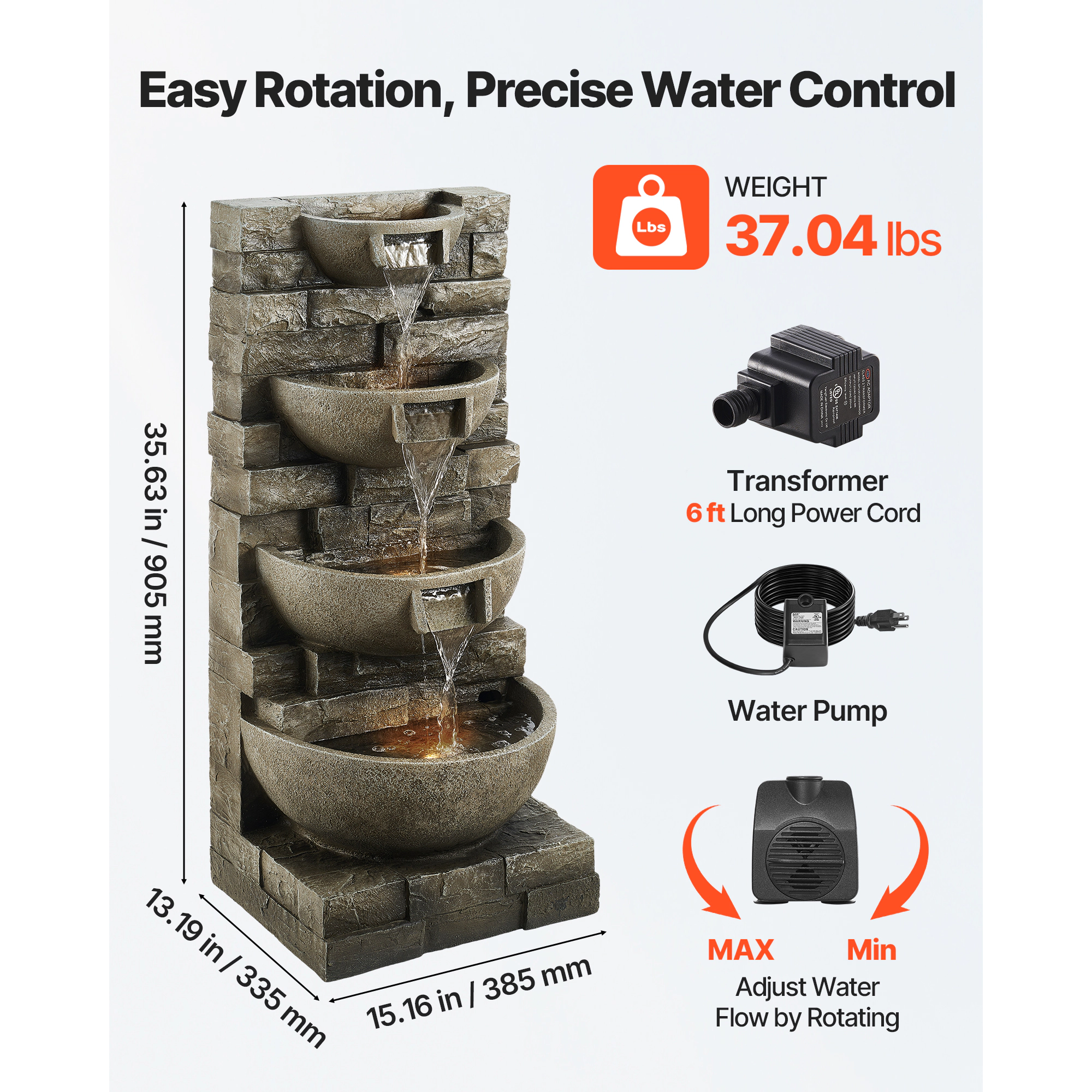 HONGGE Outdoor Water Fountain, Height Fountain and Waterfall, Floor Standing Cascading Fountains with LED Light Pump