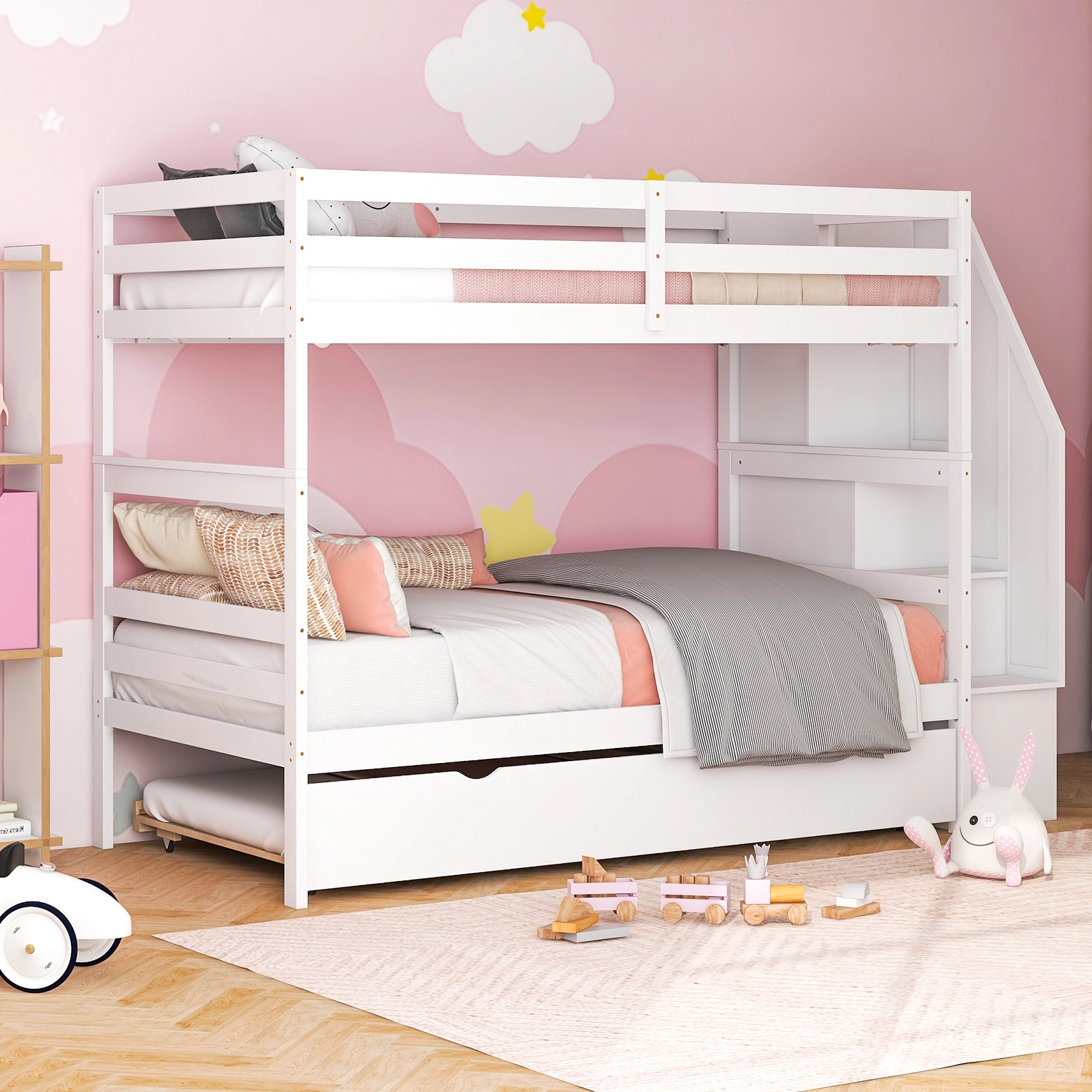 SUGIFT White 4-Step Storage Stairs Trundle and Guardrail Kids Wood Bunk Bed