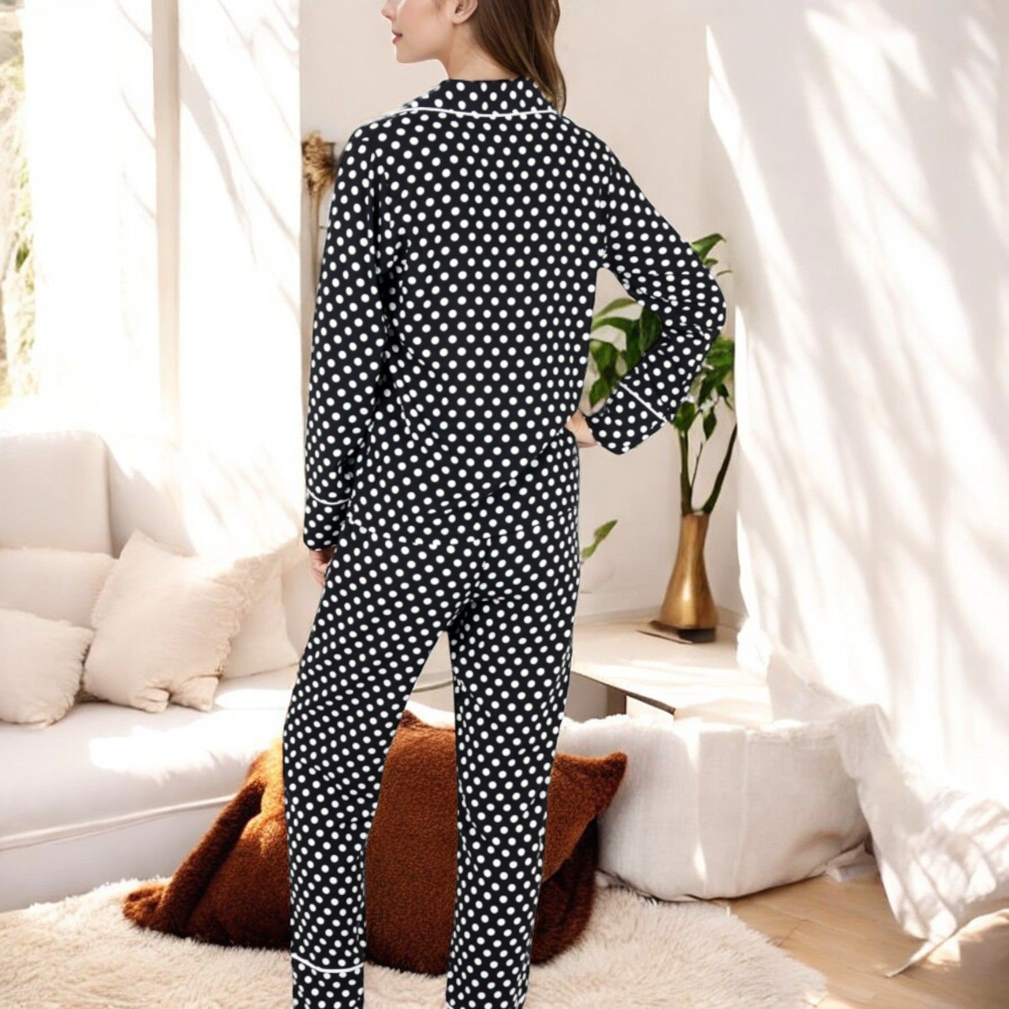 Anna-Kaci Women's Polka Dot Long Sleeve Pajama Set with Button Up Top and Drawstring Pants