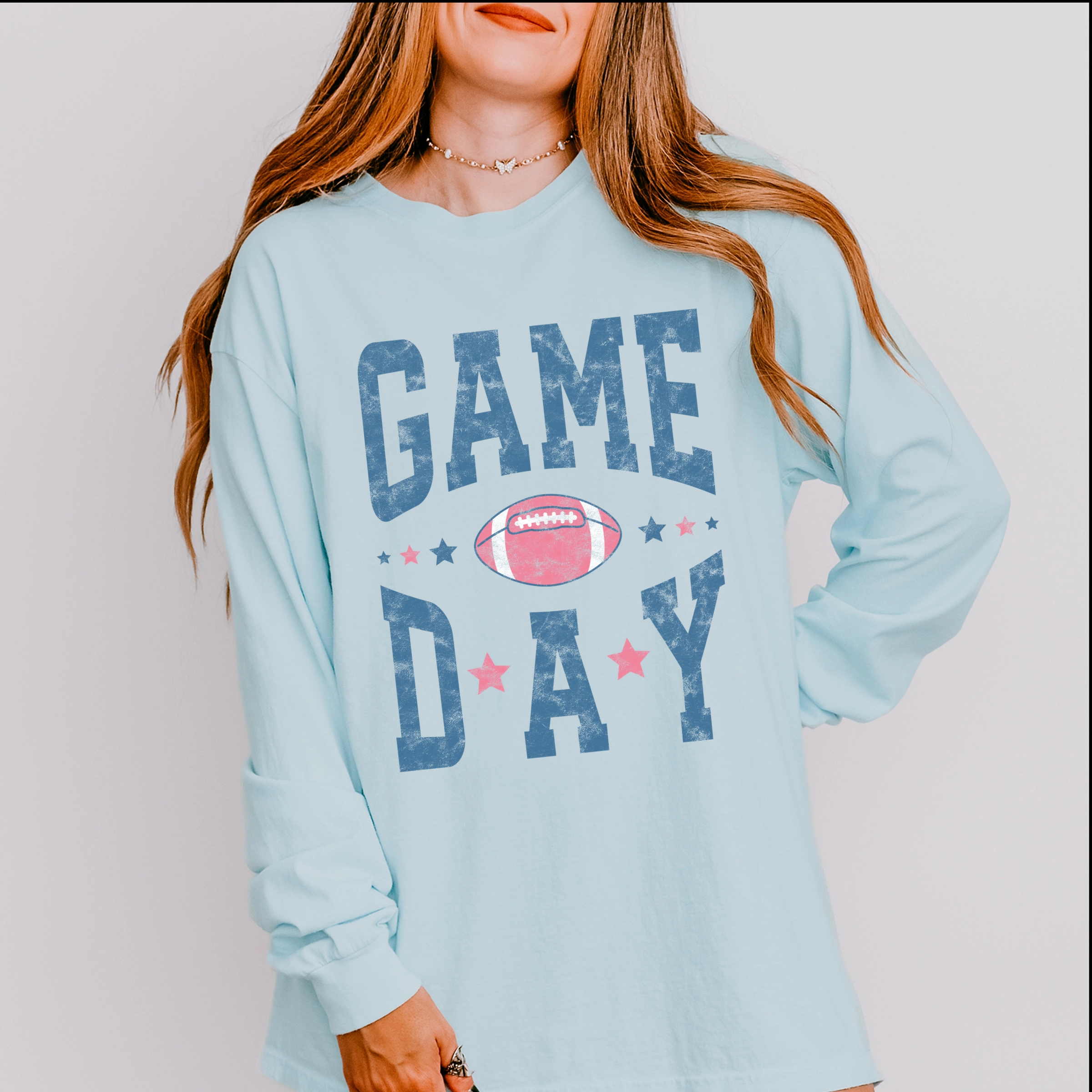 Simply Sage Market - Women's Garment Dyed Long Sleeve Graphic T-Shirt Game Day Blue Distressed
