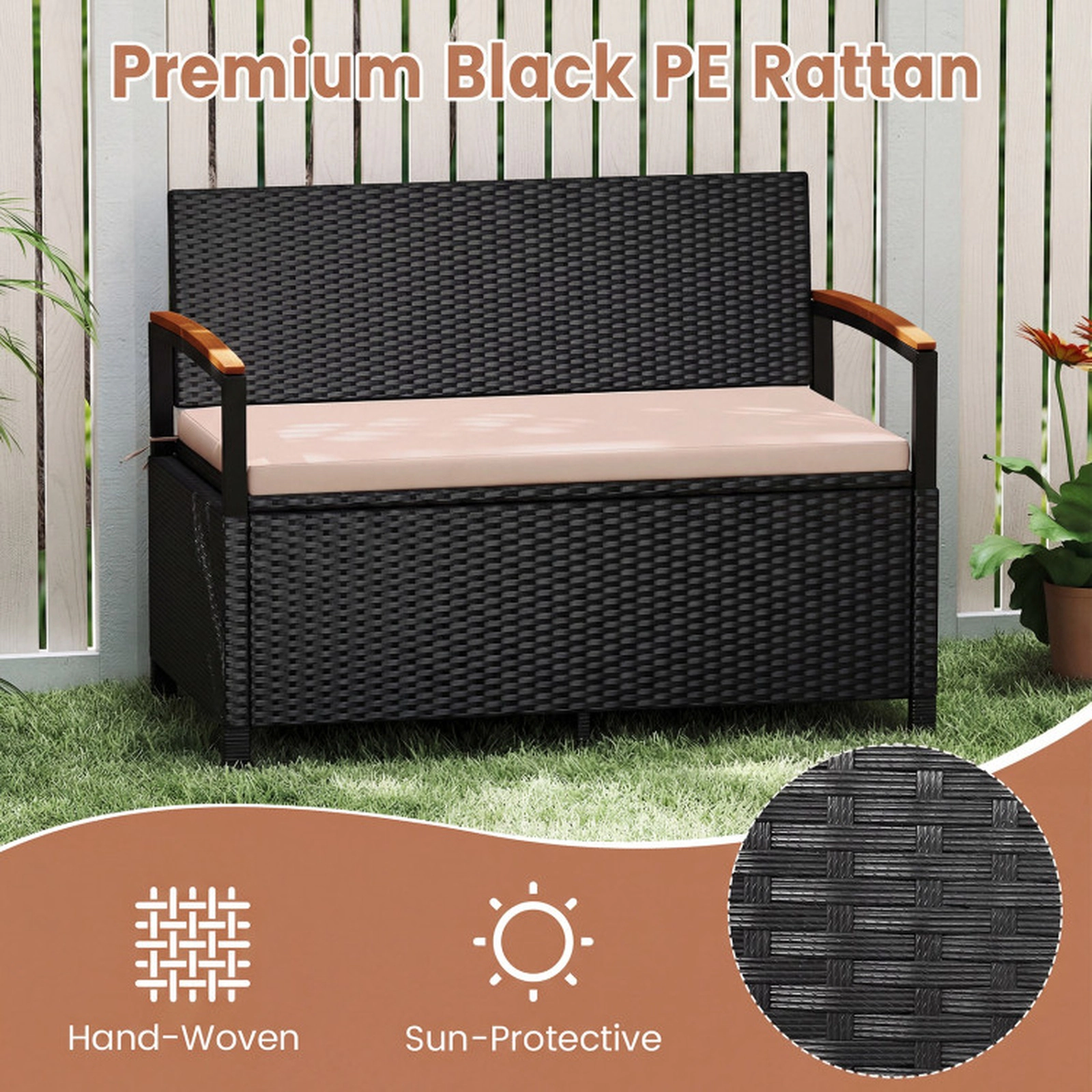 SUGIFT 46-Gal 800-lb Capacity 2-Person PE Wicker Rattan Outdoor Patio Storage Bench Deck Box with Cushion