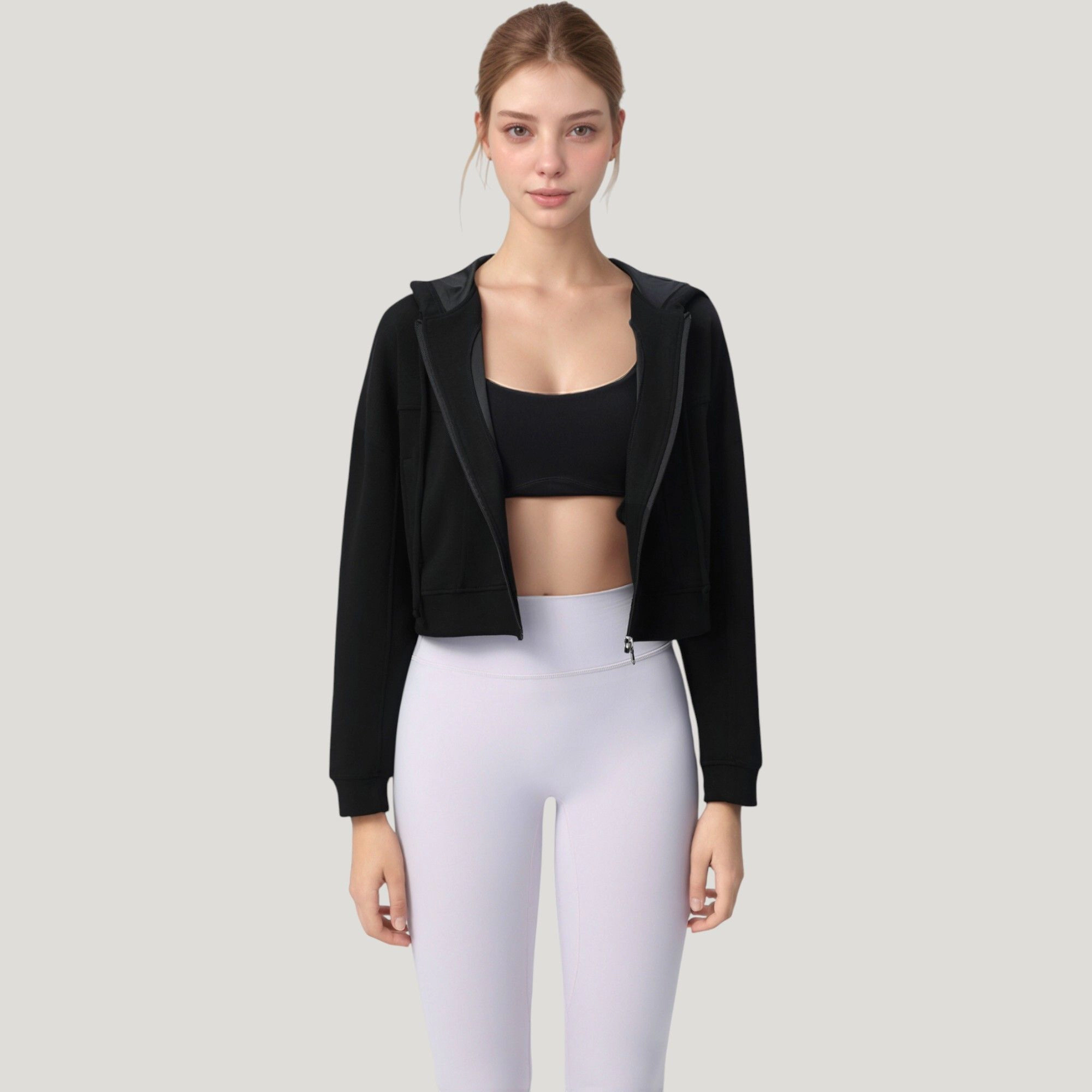 Anna-Kaci Women's Zip Front Cropped Hood Designie with Long Sleeves and Drawstring Design