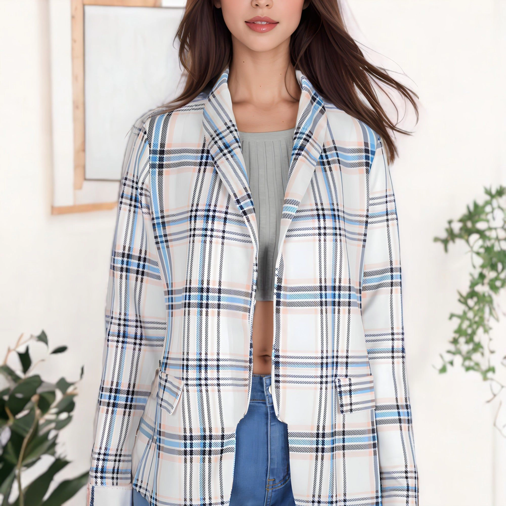 Anna-Kaci Women's Open Front Plaid Blazer Coat Jacket Long Sleeve Mock Front Pockets Formal Work Attire