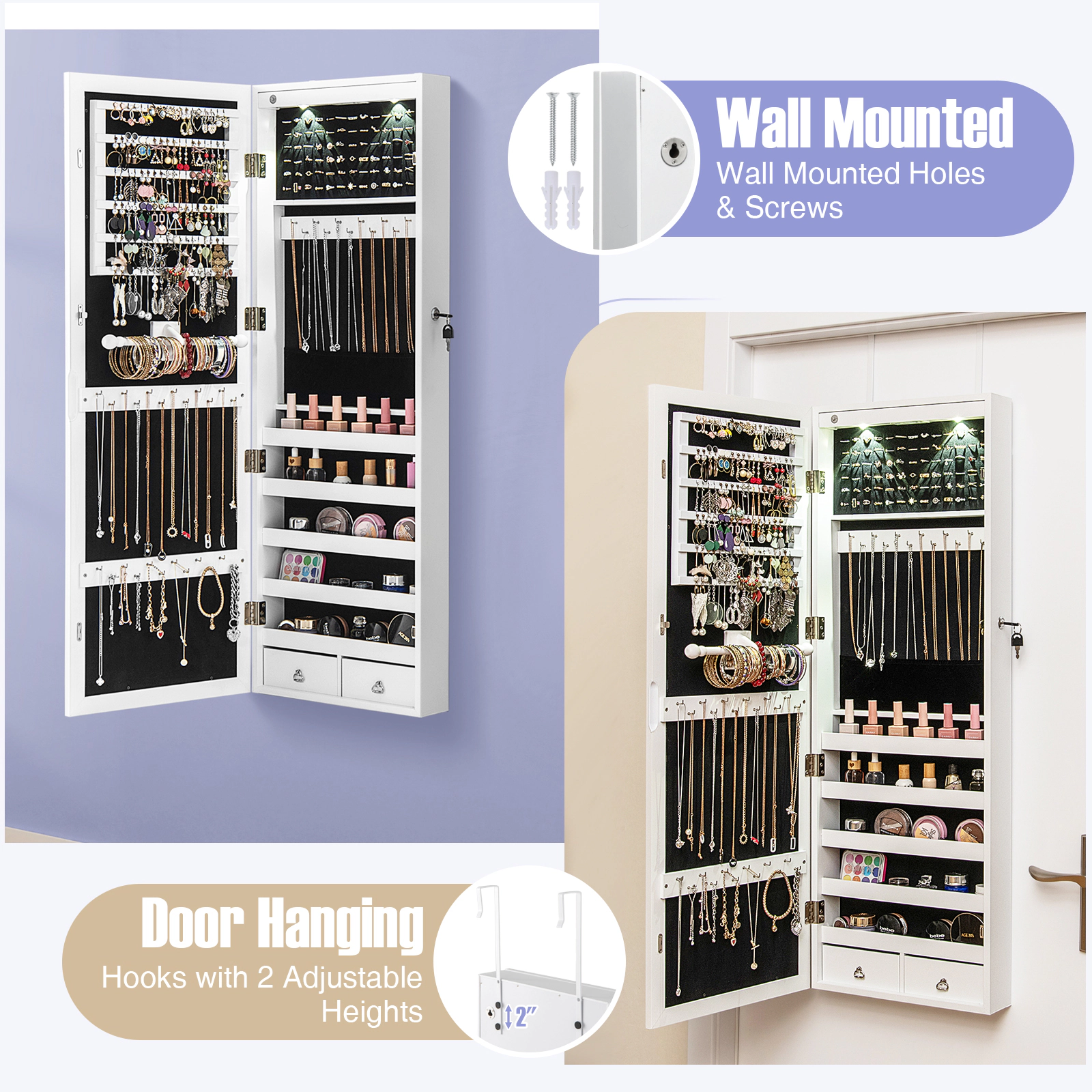 Slickblue Full Length Mirror Jewelry Organizer Cabinet 43in White MDF LED Light Storage Box