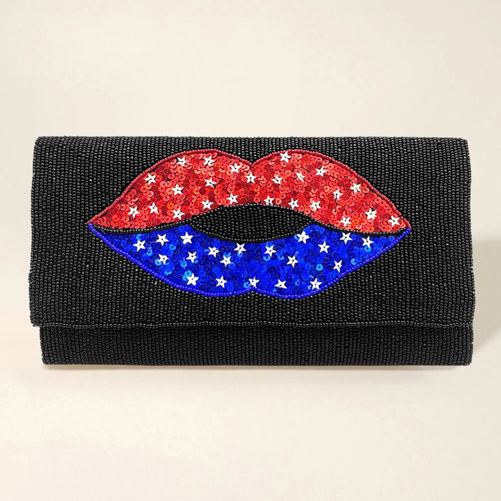 Fashnzfab American Usa Flag Lips Seed Beaded Clutch / Crossbody Bag