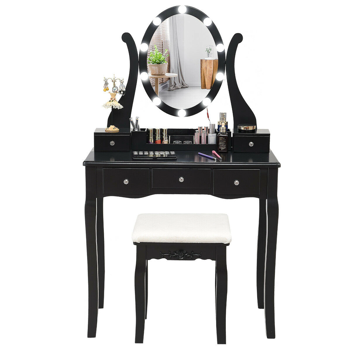 LJG 10 Dimmable Lights Vanity Table Set with Lighted Mirror and Cushioned Stool