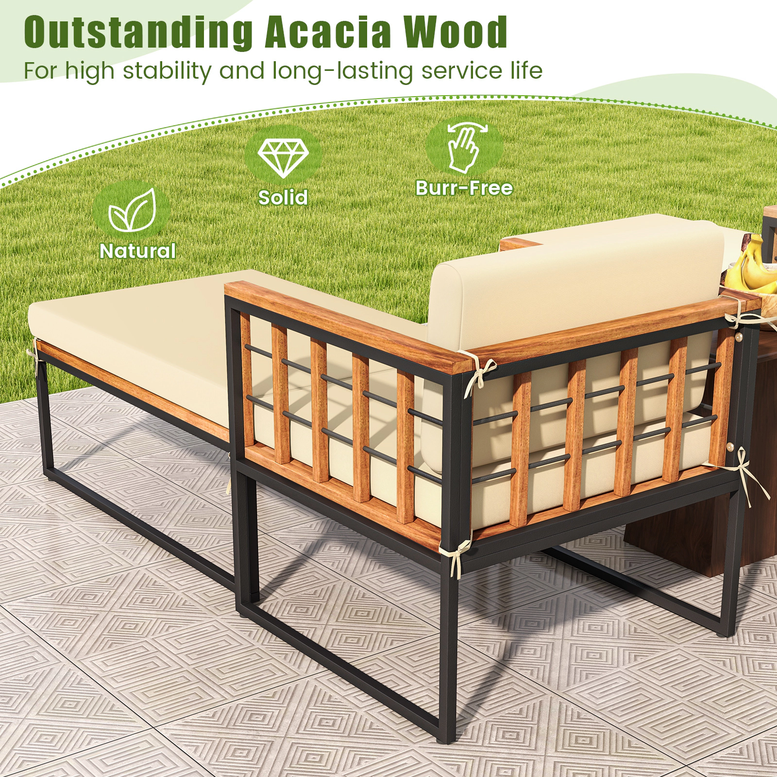 SUGIFT Patio Acacia Wood Armchair with Long Ottoman and Beige Seat Back Cushions