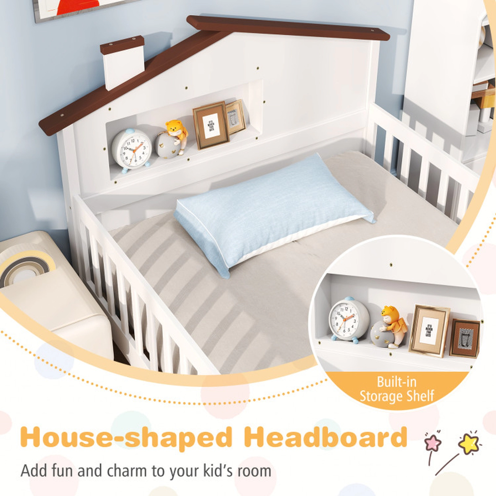 SUGIFT Kids Twin Size Montessori House-Shaped Headboard Solid Pine Bed 82-in x 44.5-in x 36.5-in 440-lb Capacity White