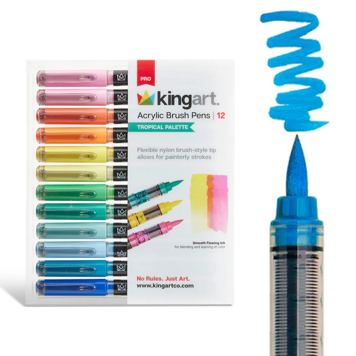 KINGART PRO Acrylic Brush Pens - 12 Tropical Colors with Clear Blender