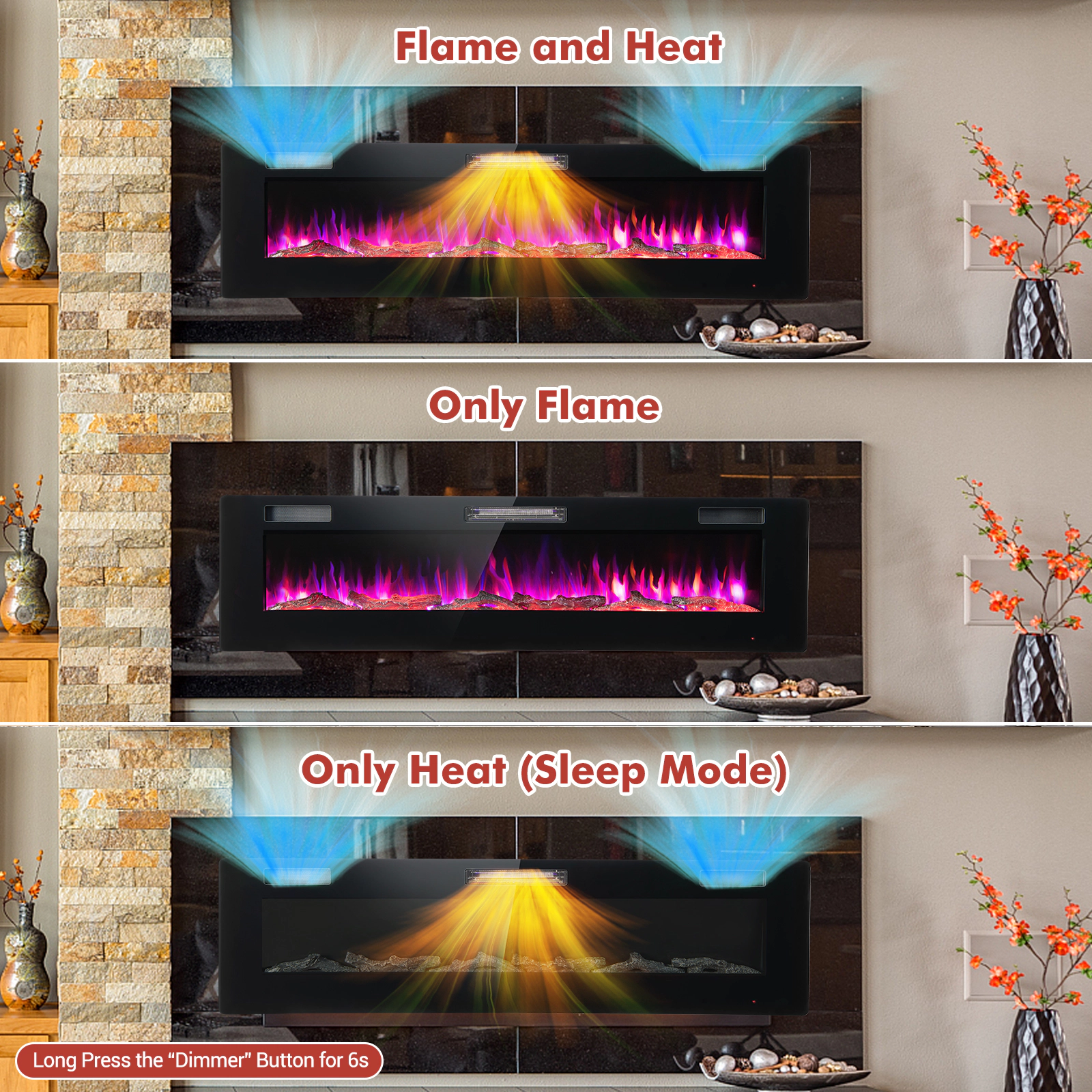 SlickBlue Modern Electric Fireplace Heater with Crystal Log Display