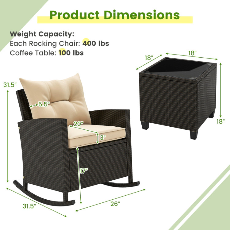 Hivvago 3-Piece Patio Rattan Roker Chairs With Tempered Glass Table And Soft Cushions