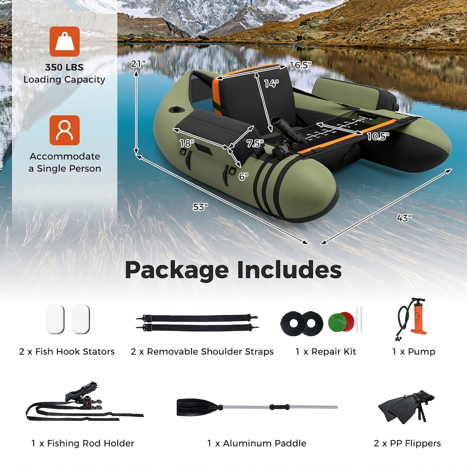 SUGIFT Adult Green Fishing Float Tube with Hydrodynamic Hull and Fish Ruler 53-in W 21-in H 350-lb Load Capacity
