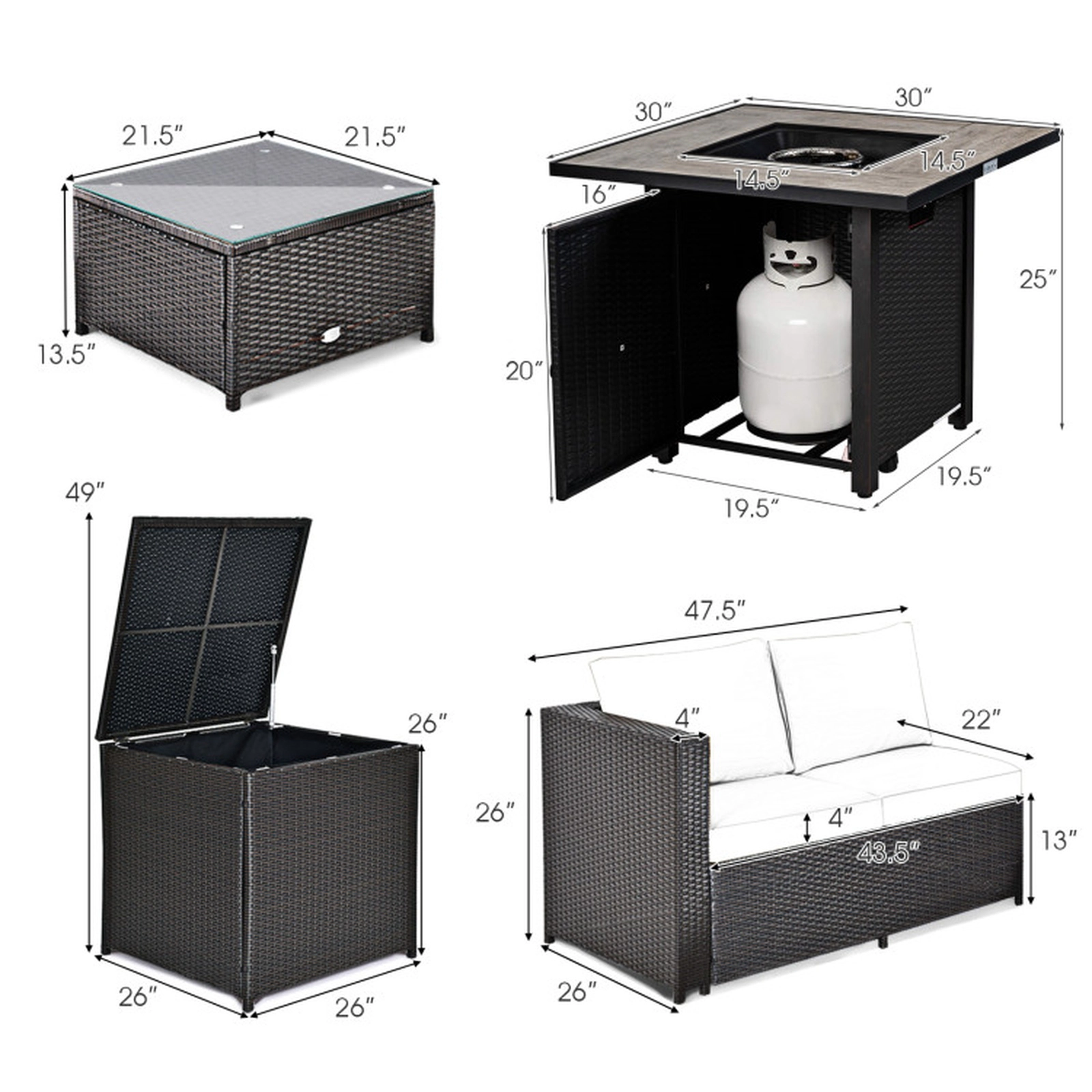 SUGIFT 5-Piece Black Patio Wicker Sofa Set with 30-in Gas Fire Pit Table 50000-BTU 800-lb Loveseat Capacity