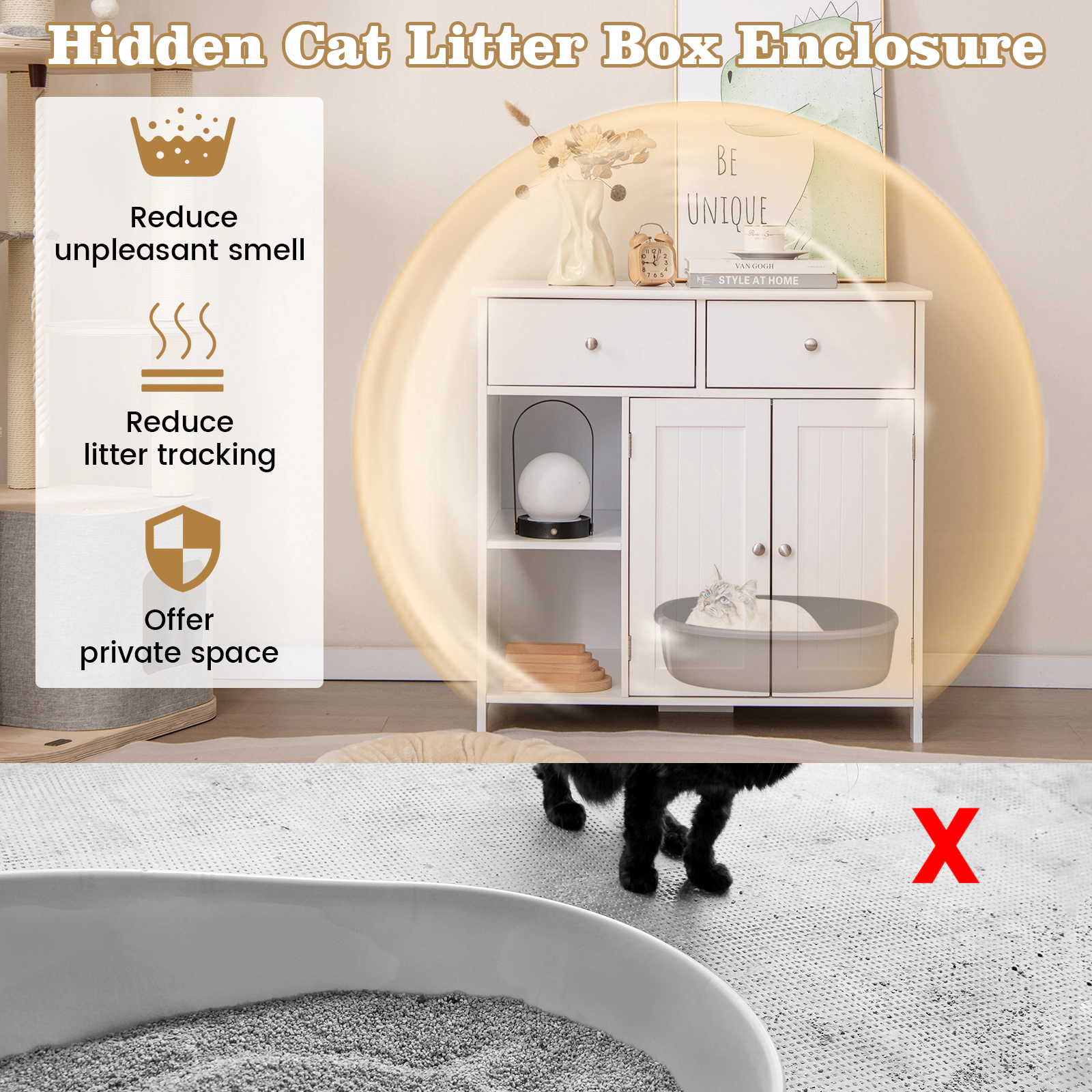 SUGIFT 31.5 x 31-in White Wooden Hidden Cat Litter Box Enclosure Side Cabinet with 2 Drawers and Side Entrance