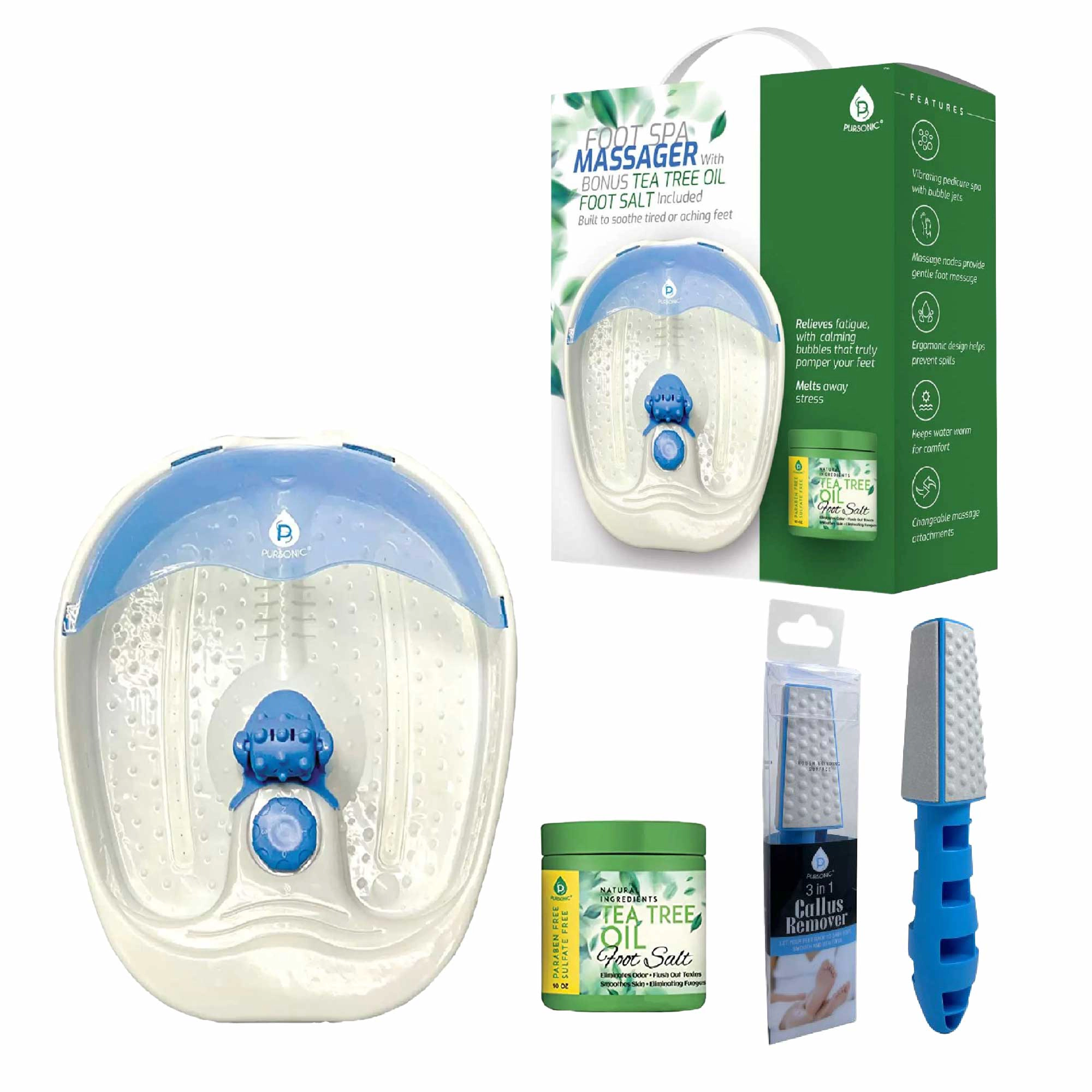 Pursonic Unisex Soothing Foot Spa Massager with Tea Tree Salt Scrub & Callus Remover