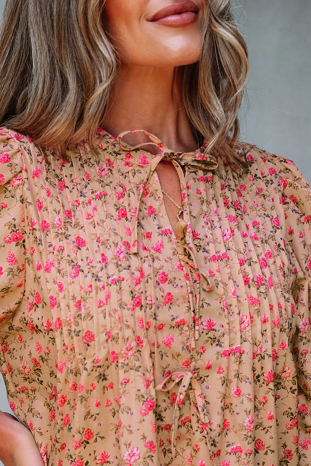 Threaded Pear Women's Sadie Floral Bow Pin-tuck Bust Half Puff Sleeve Blouse