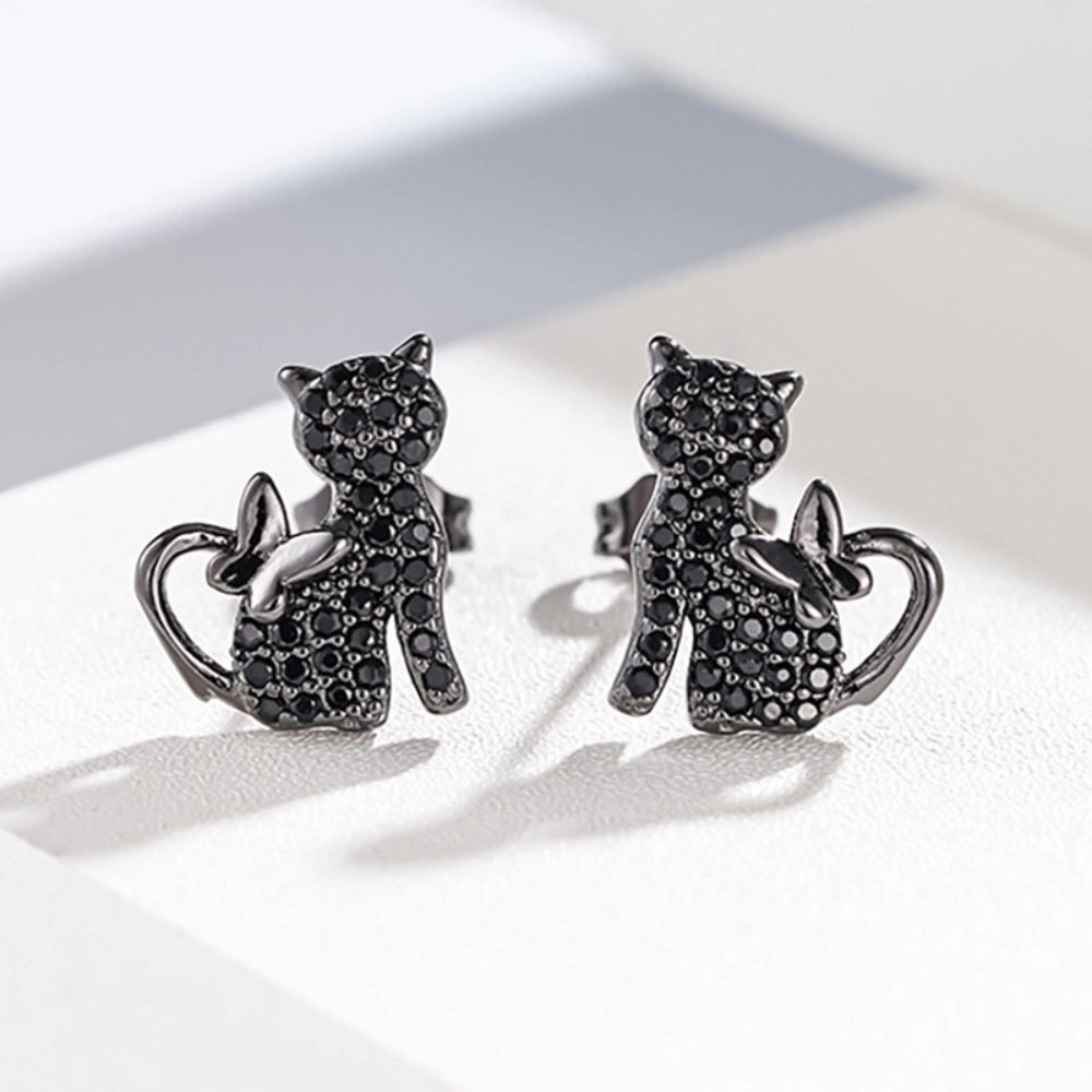 Wardrobe Whimsy Cat And Butterfly Stud Earrings Paved Cubic Zirconia Animal for Women