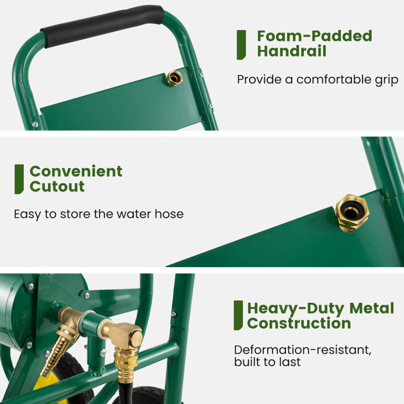 SUGIFT 4-Wheel Garden Water Hose Reel Cart Foam-Padded Handrail 330-ft 5/8-in or 400-ft 1/2-in Hose Capacity Green