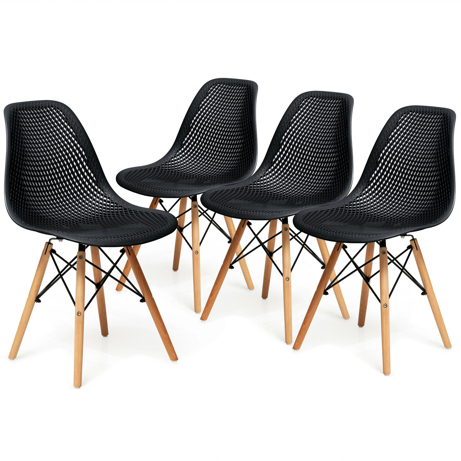 SUGIFT Set of 4 Mid-Century Modern Plastic Dining Chairs with Mesh Seats and Beech Wood Legs