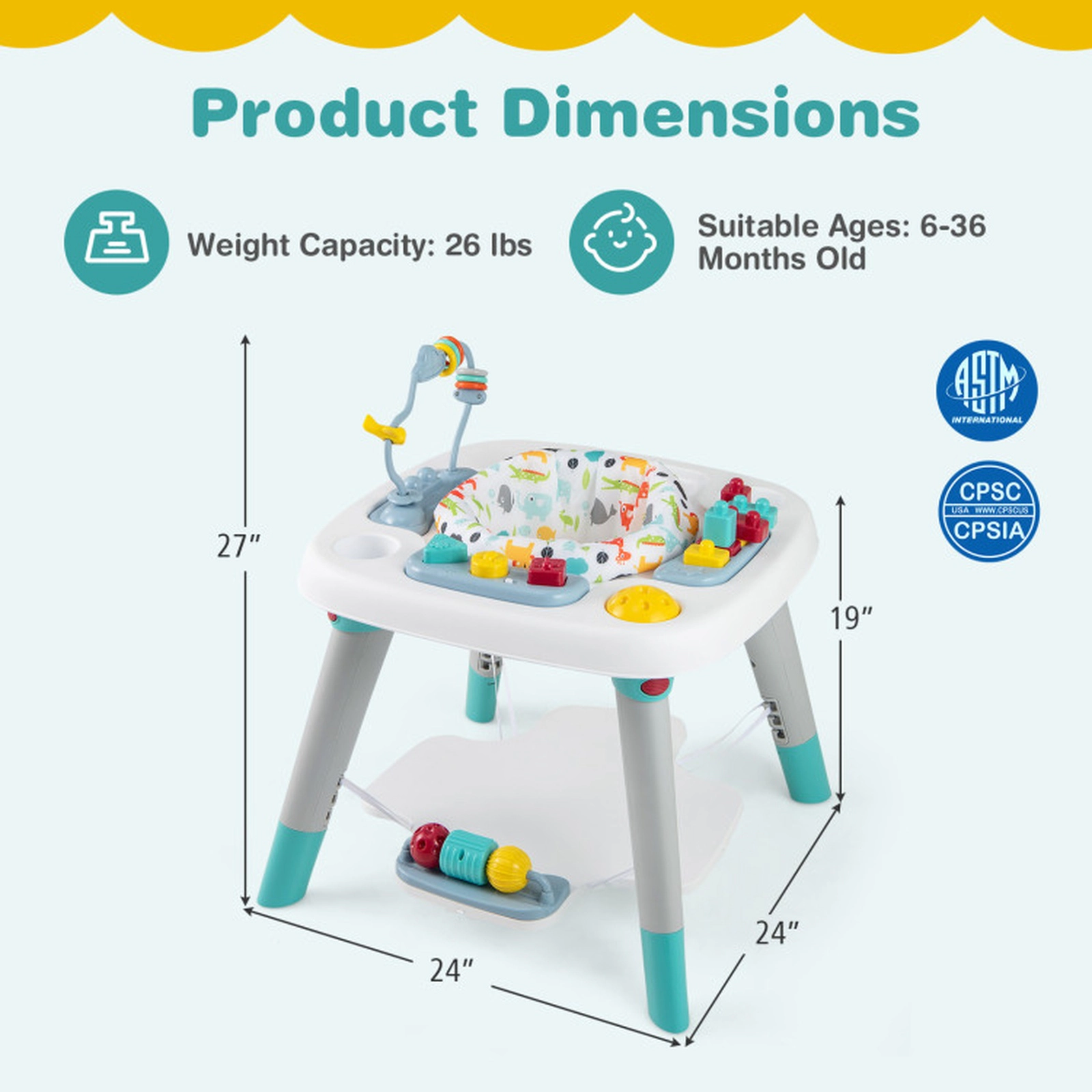 SUGIFT 6-in-1 Baby Activity Center Infant Jumper Toddler Table Playard 26-lb Capacity Ages 6-36 Months Multicolor