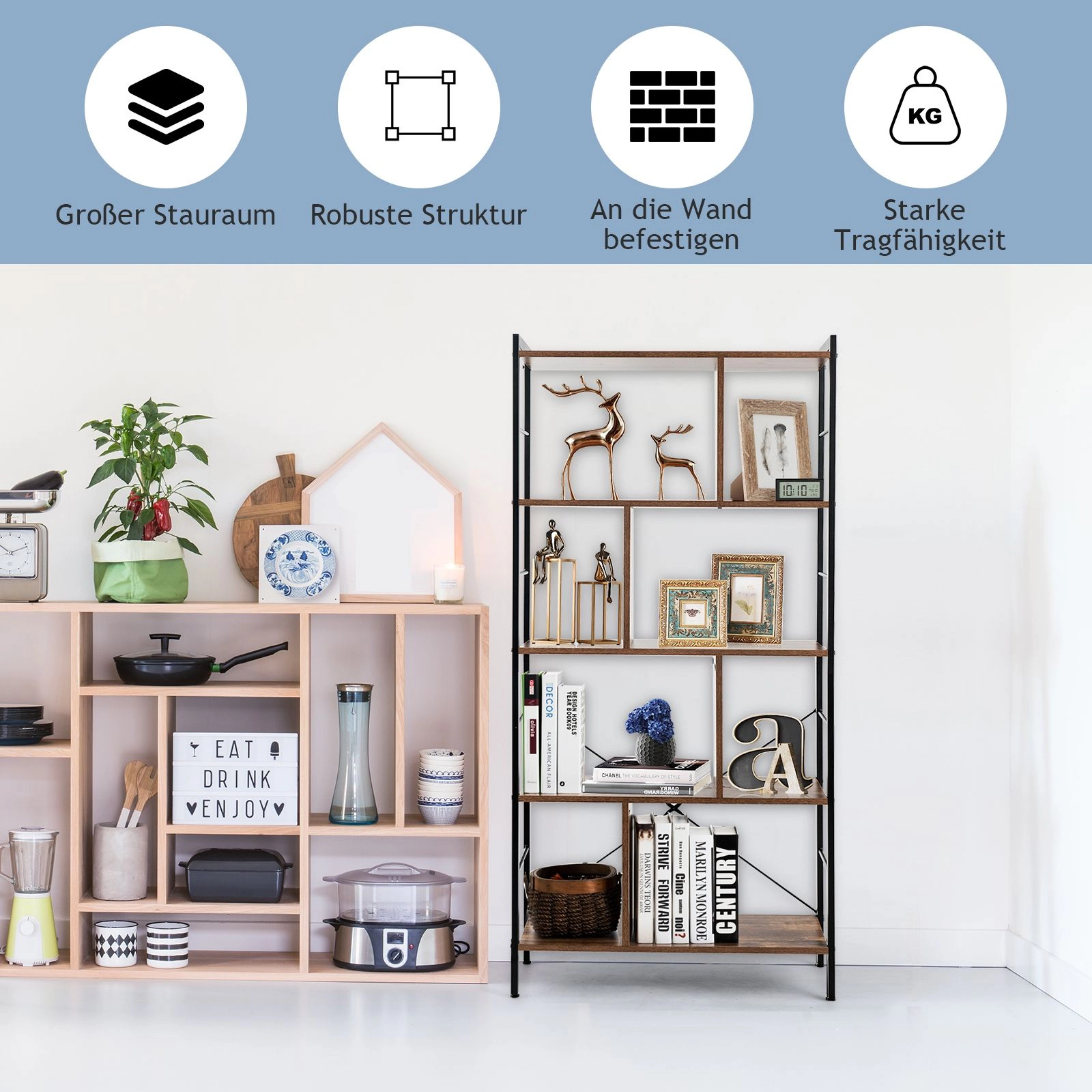 SlickBlue Modern 4-Tier Bookshelf with Metal Frame and Dividers
