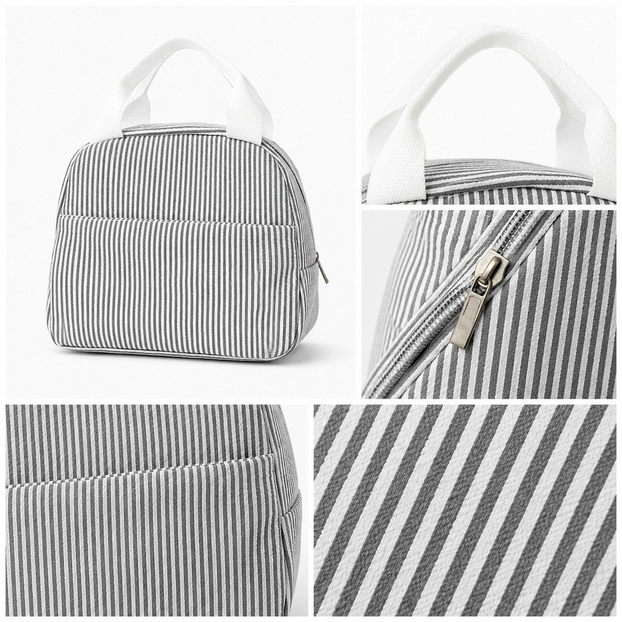 Alilang Women's Striped Insulated Lunch Tote Bag with Front Pocket and Zip Closure, Black Stripe
