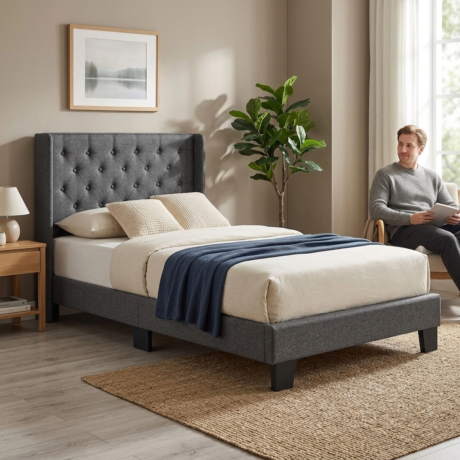 SUGIFT Twin Upholstered Platform Bed, Gray Fabric, Button-Tufted Headboard