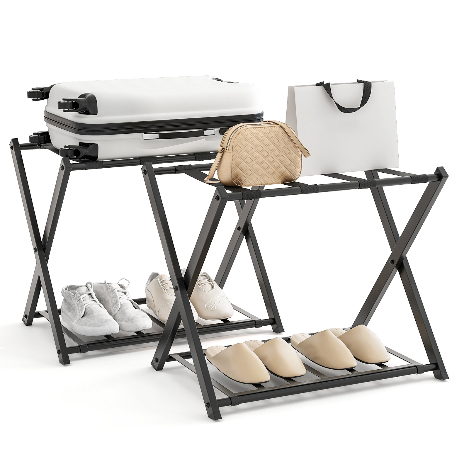 SlickBlue Set of 2 Tier Folding Suitcase Stand with Removable Shelf
