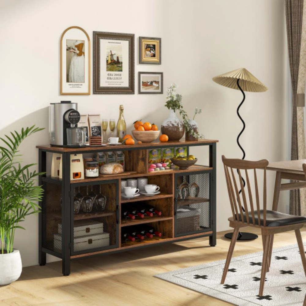 Hivvago 55-Inch Buffet Sideboard With 8-Bottle Wine Racks And Wine Glass Holders-Rustic Brown