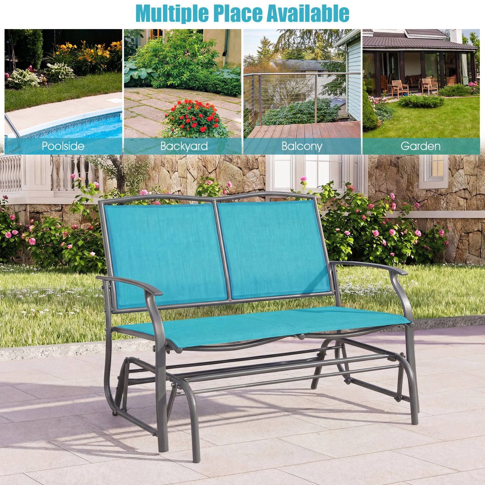 SUGIFT Turquoise 2-Person Steel Outdoor Patio Rocking Loveseat with Textilene Seat and Back