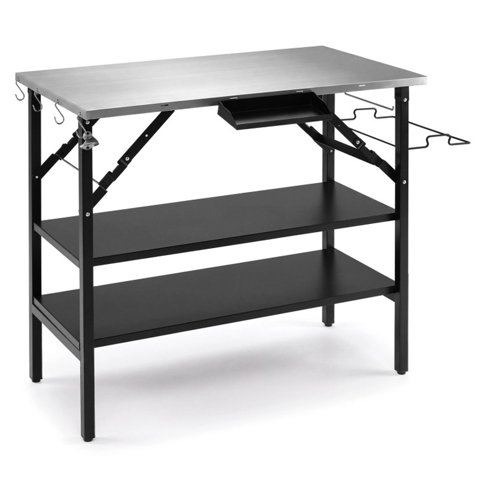 SUGIFT Foldable Outdoor Cook Station Table with Stainless Steel Top 150-lb Tabletop Capacity 2 Removable Shelves Black