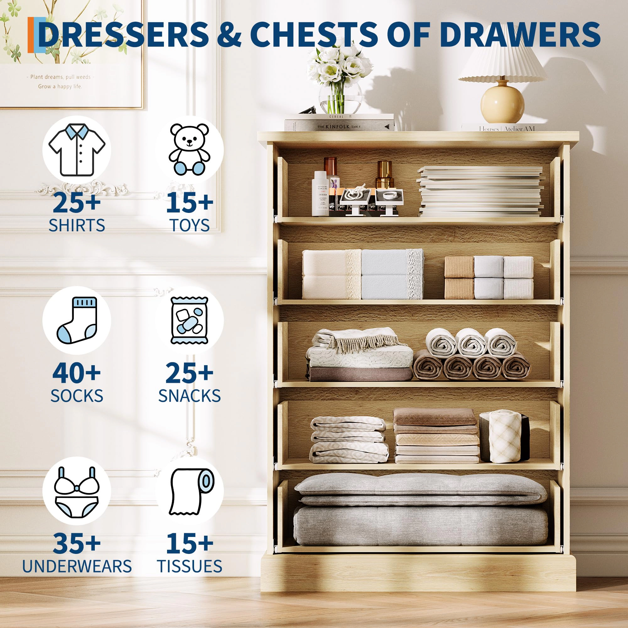 5 Drawer Fluted Dresser, Slim Vertical Wood Chest with Metal Handles for Bedroom Apartment Guest Room