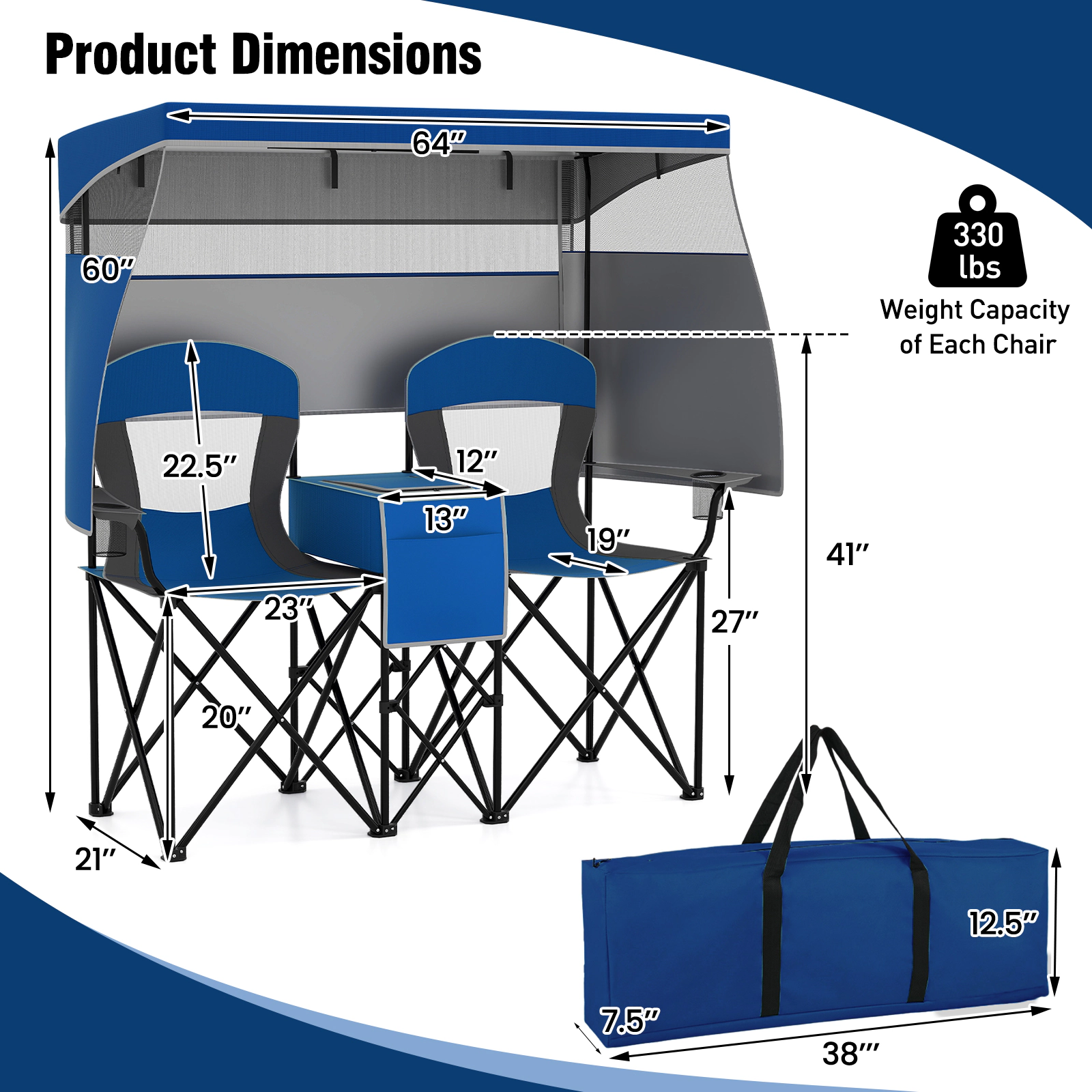 SUGIFT Double Beach Chair with Adjustable UPF50+ Canopy, Roll-Up Curtains, Cooler Pocket and Cup Holders