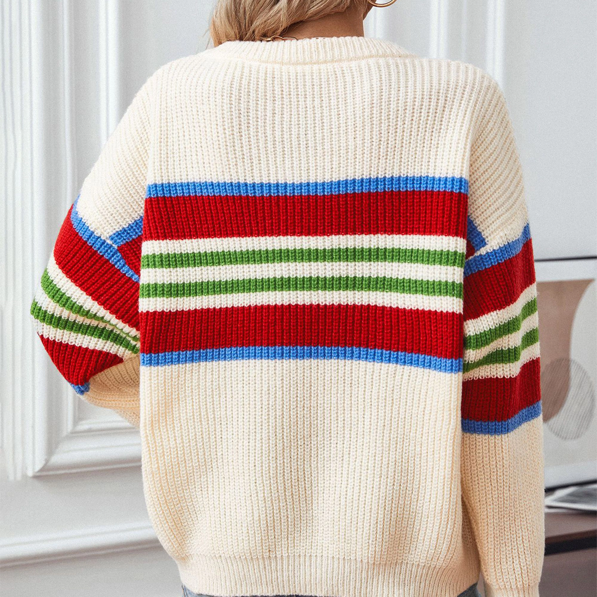 Anna-Kaci Women's Long Sleeve Striped Knit Sweater with Crew Neck and Relaxed Fit