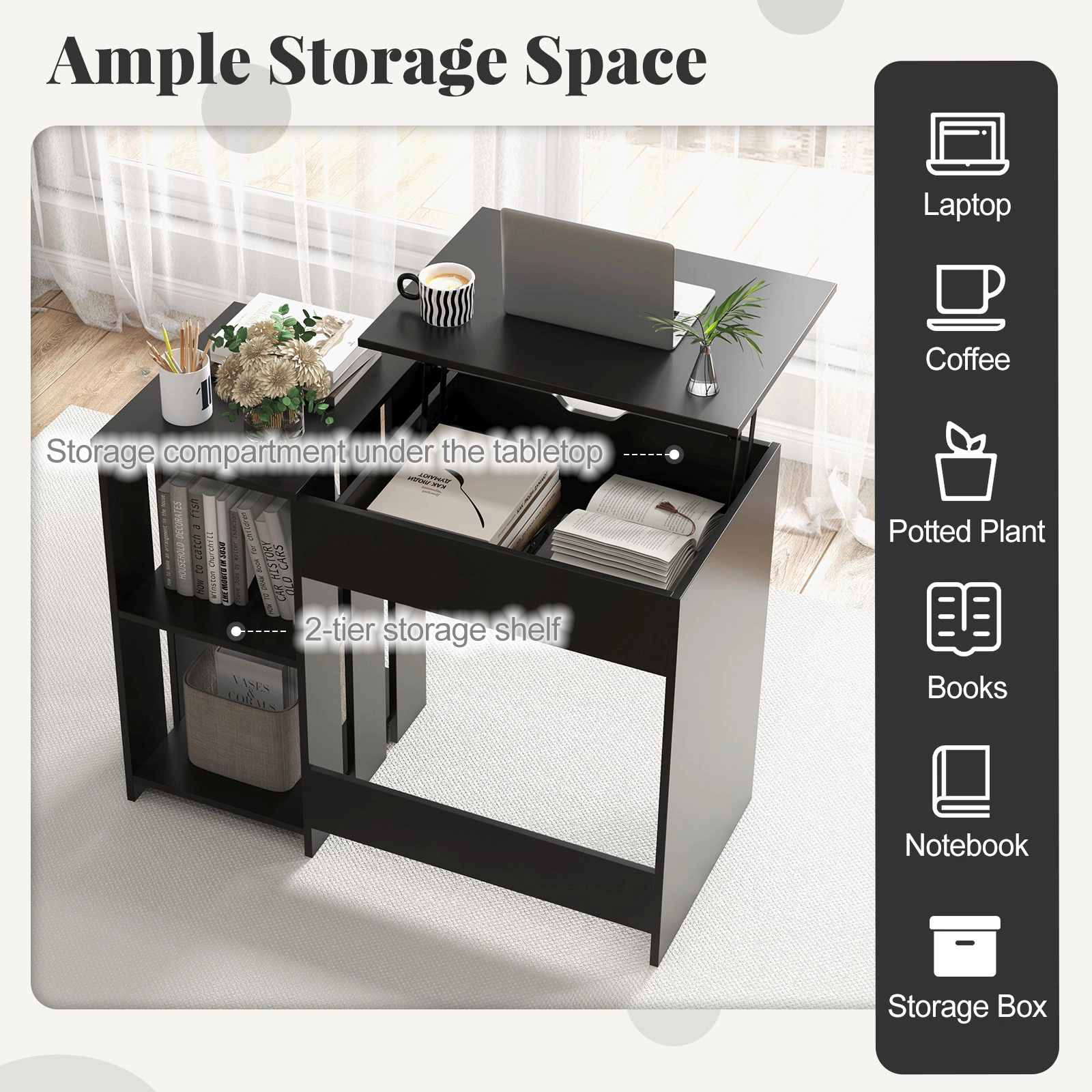 SlickBlue Black Lift Top Writing Desk with Upper & Lower Shelves