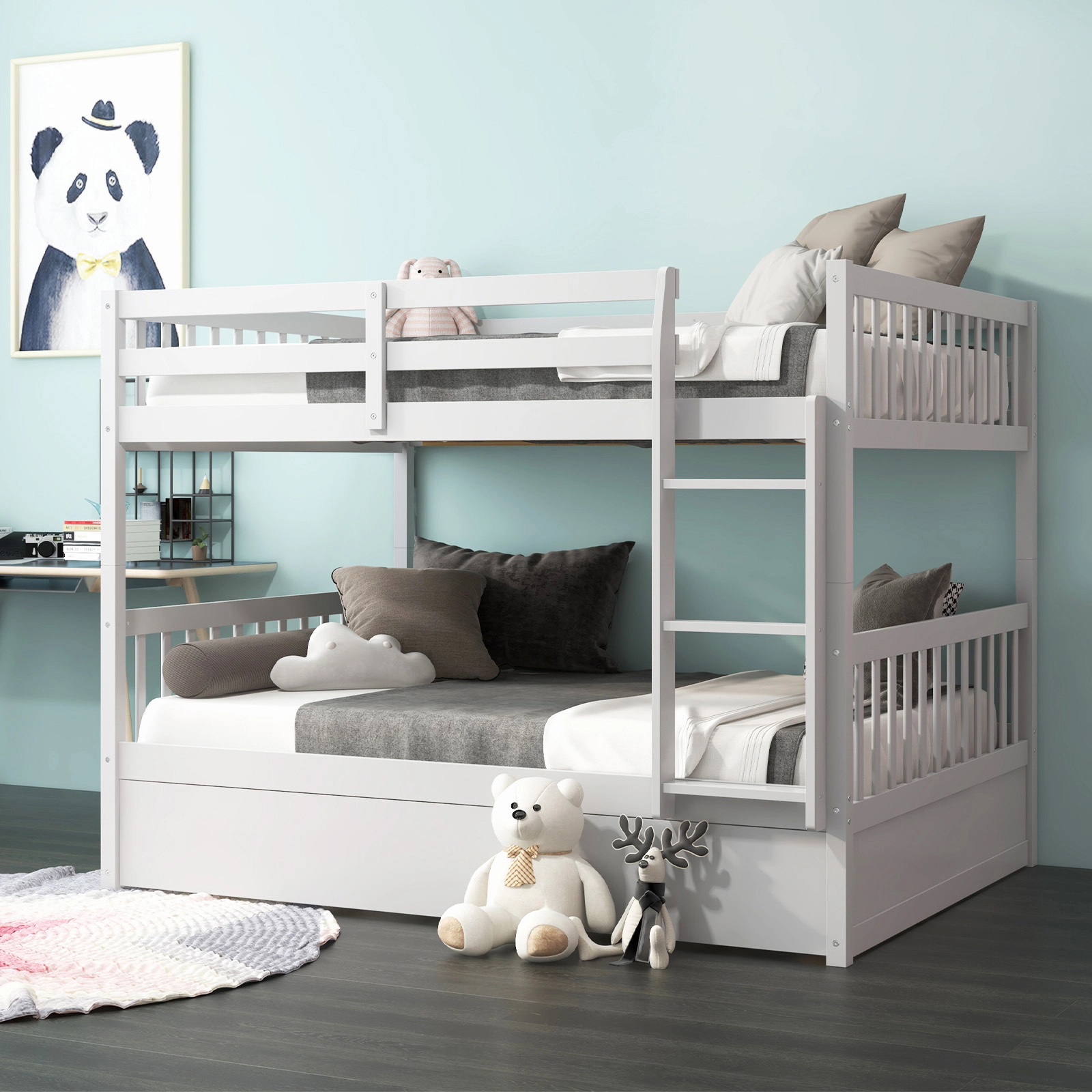 SUGIFT White Trundle Ladder and Full-Length Guard Panel Full Over Full Kids Bunk Bed