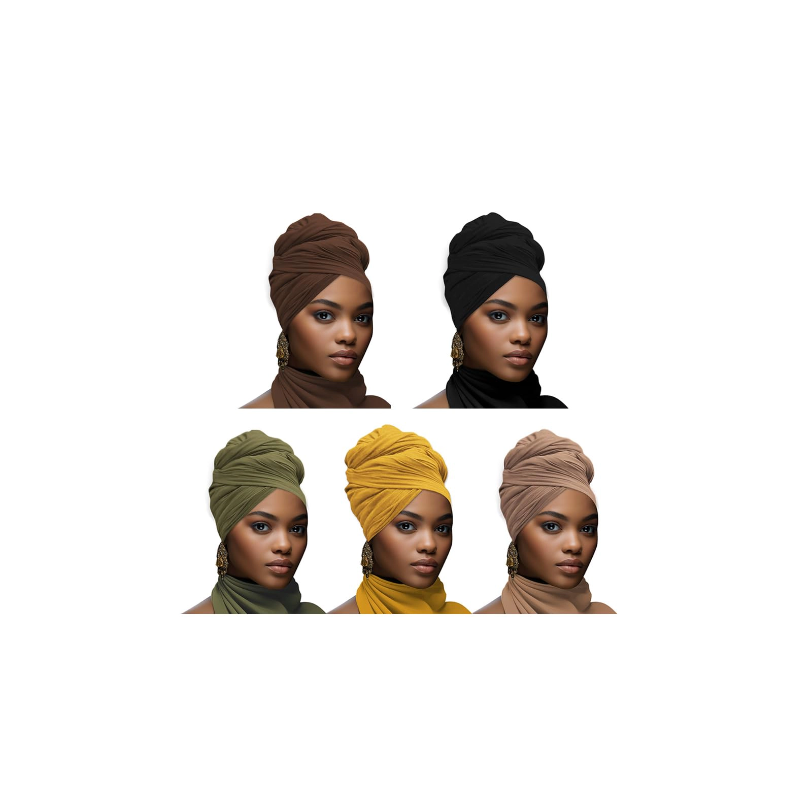 5ps Stretch Head Wraps For Five-color Set Women - Long Jersey Turban Headwraps  Scarf Headbands