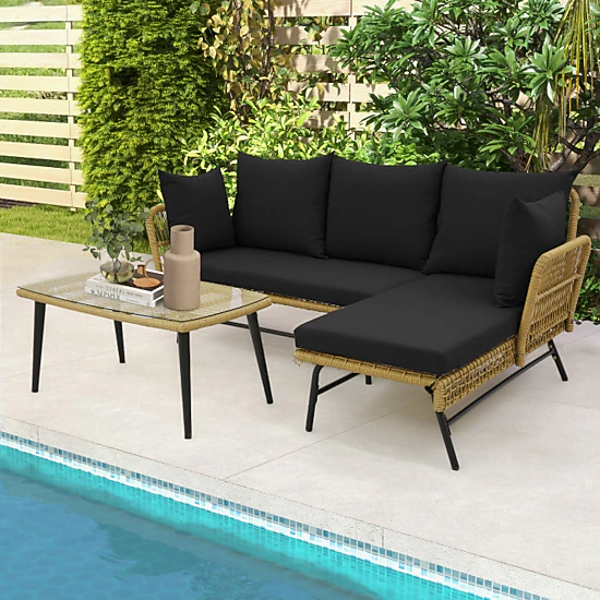 Hivvago 3 Pieces L-Shaped Patio Sofa With Cushions And Tempered Glass Table