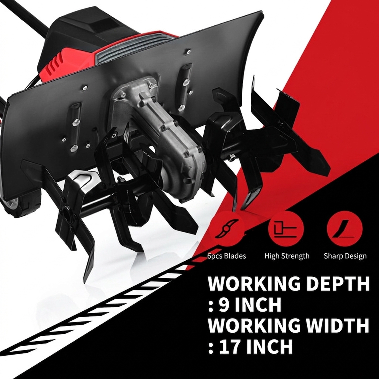 SUGIFT 17-Inch 13.5 Amp Corded Electric Tiller and Cultivator 9-Inch Tilling Depth Red+black