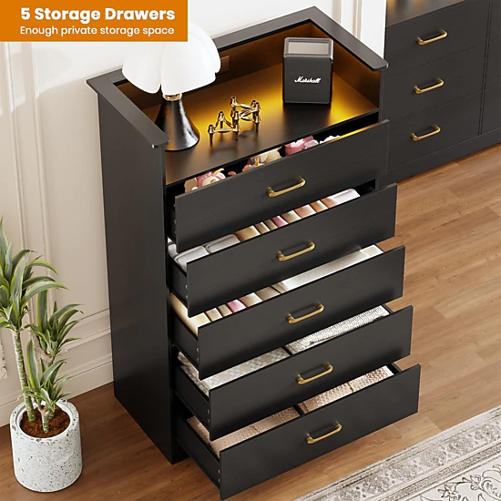 BebreezChic 5-Drawer LED Dresser with Charging Station,BLACK