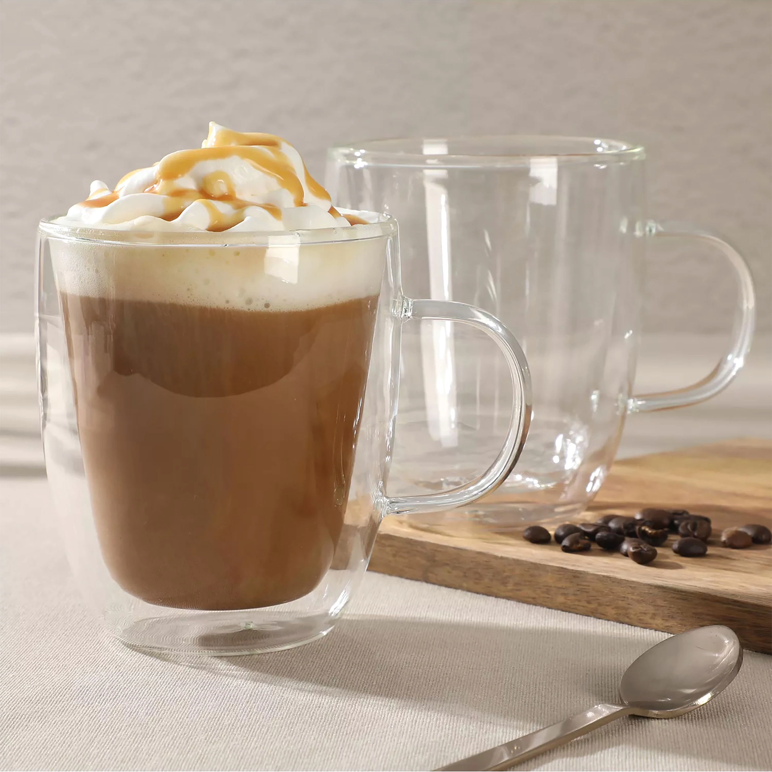 Mr. Coffee Retro Macchiato 2 Pack 16 Ounce Mug Set in Clear Double Wall Borosilicate Glass