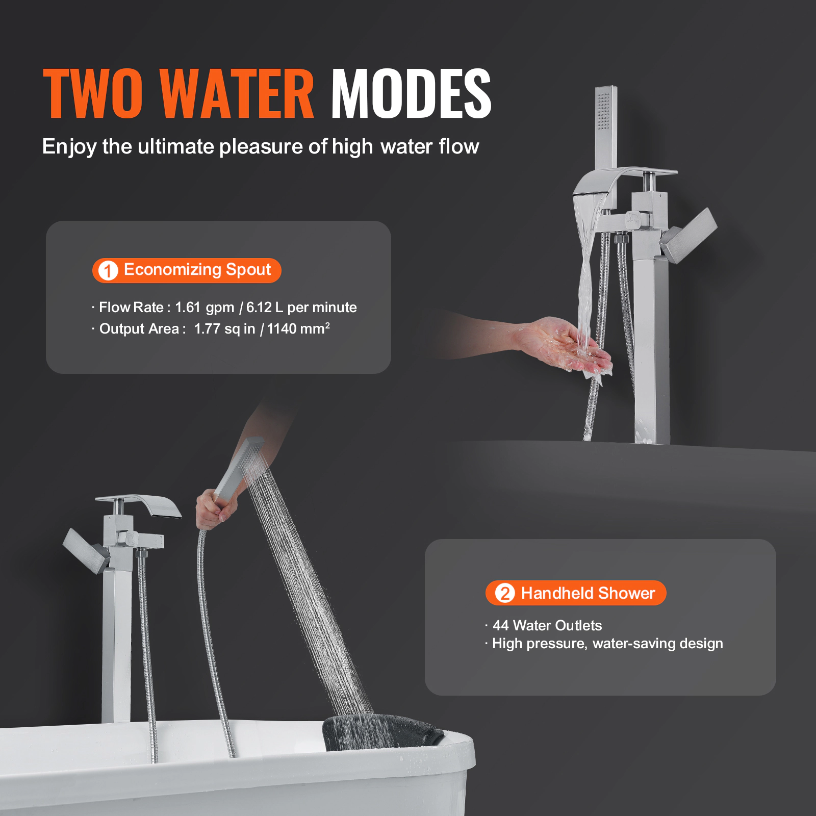 HONGGE Freestanding Bathtub Faucet with Handheld Shower, Floor Mount Tub Filler, 360 Degree Swivel Spout