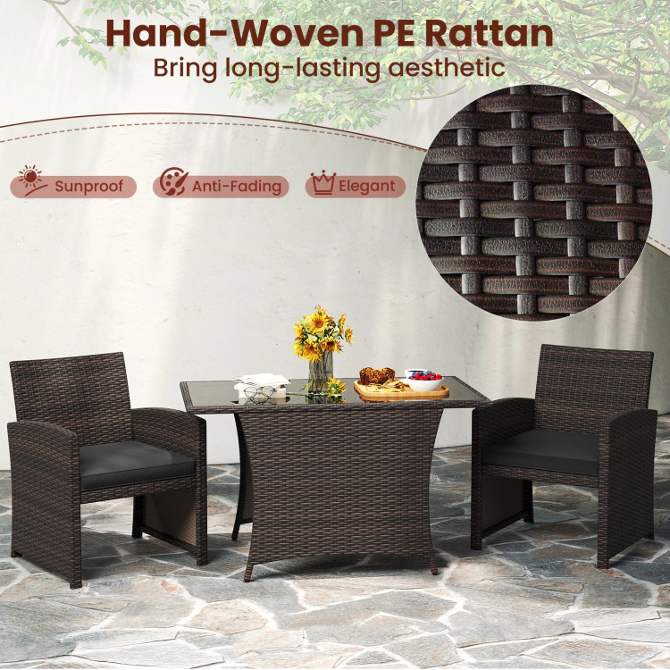 Hivvago 3 Piece Patio Wicker Dining Set With Rectangle Tempered Glass Dining Table-Brown