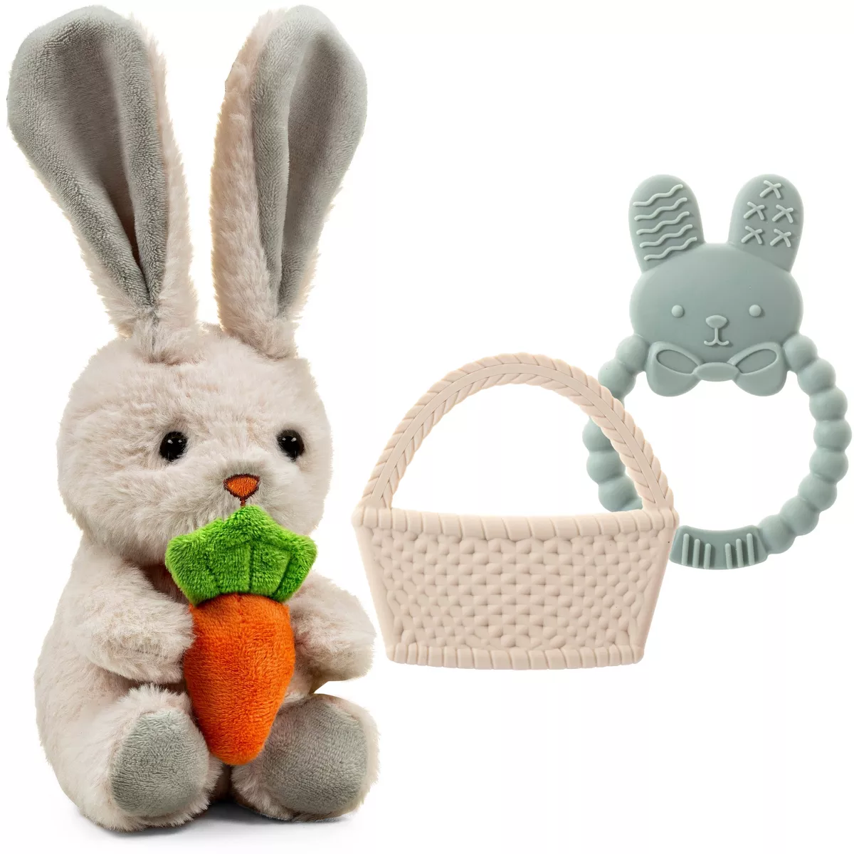 Sperric Easter Plush Bunny & Silicone Teether Set, Cute Plush Bunny w/ Carrot & Basket Teethers- Sensory & Soothing Gift