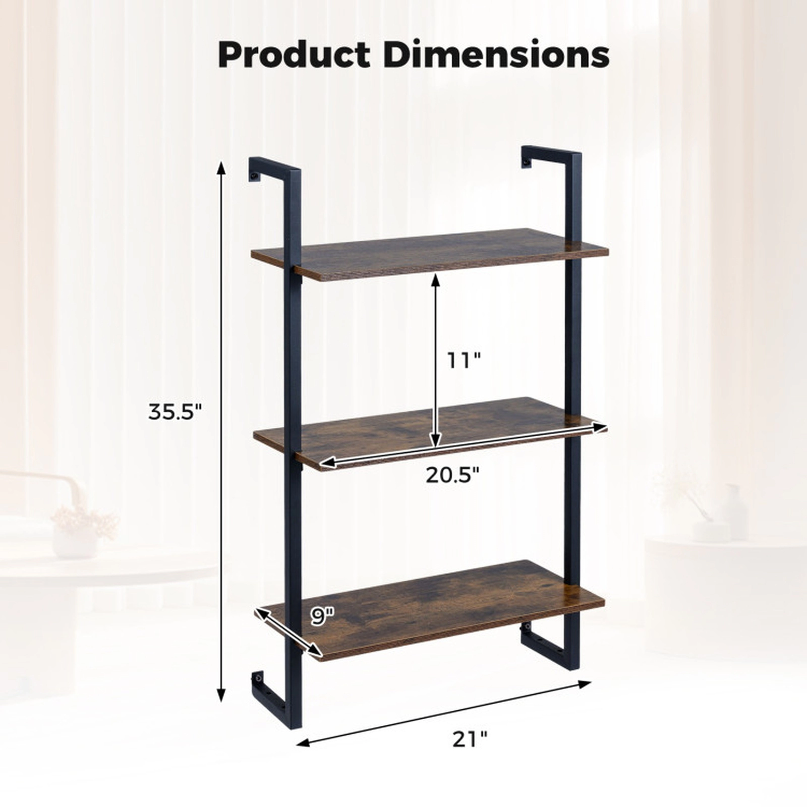 SUGIFT 3-Tier Floating Kitchen Shelf Bookcase 35.5-in Tall 22-lb Per Shelf 66-lb Total Capacity Rustic Brown and Black