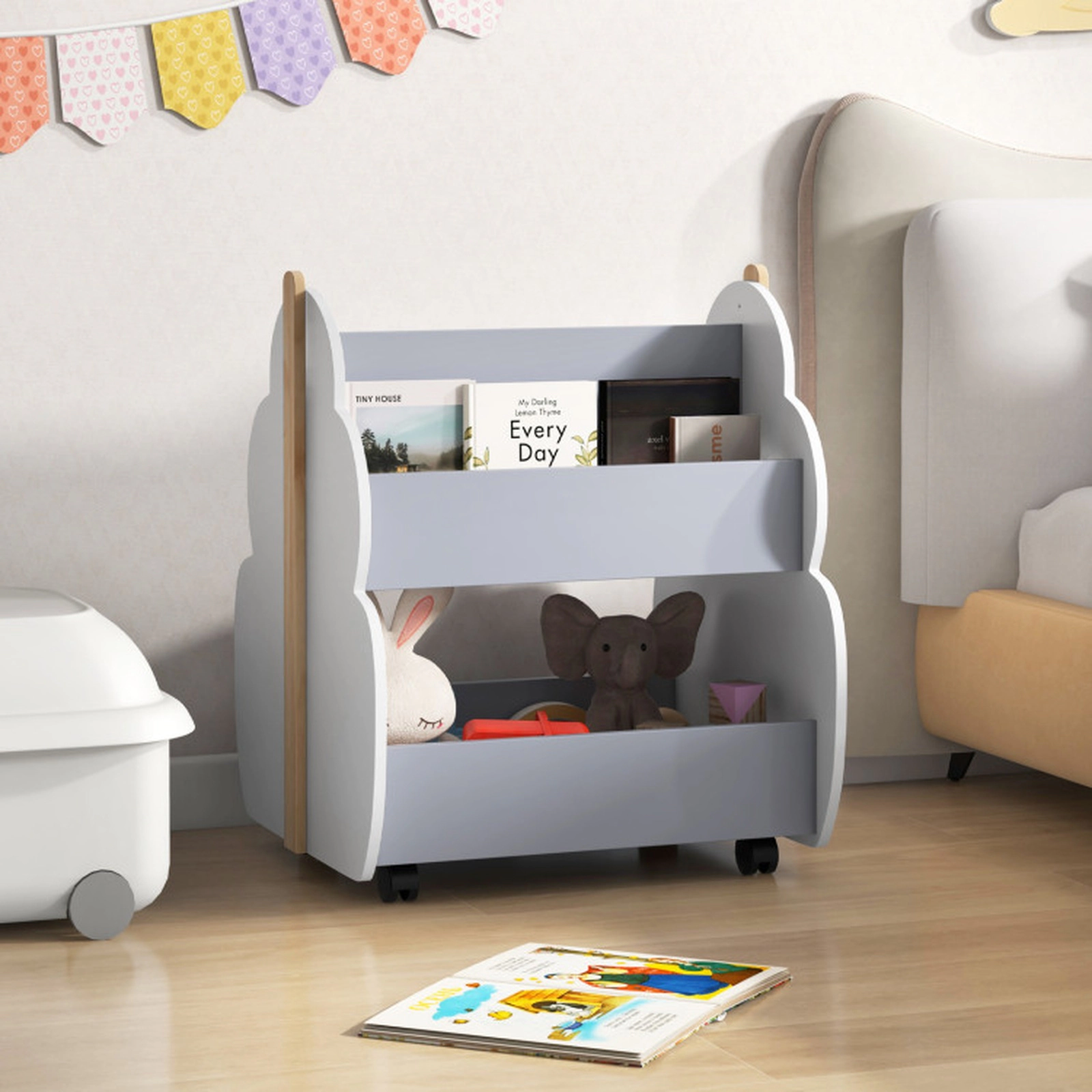 SUGIFT Tree-Shape Kids Wooden Toy Organizer Bookshelf with Wheels 11-lb Upper and 44-lb Lower Shelves White/Gray