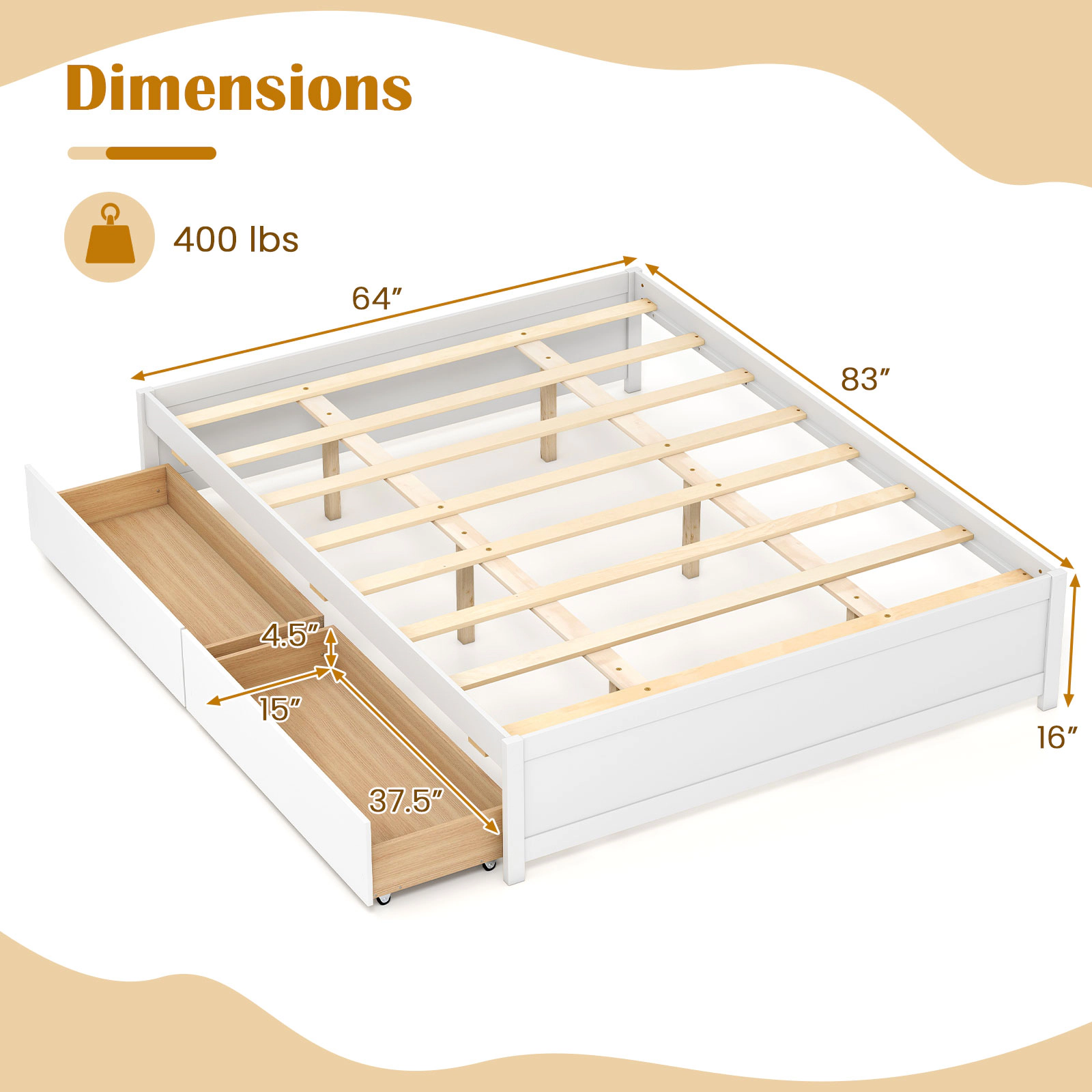 SUGIFT Queen Size Bed Frame with 2 Rolling Storage Drawers 300-lb Capacity White
