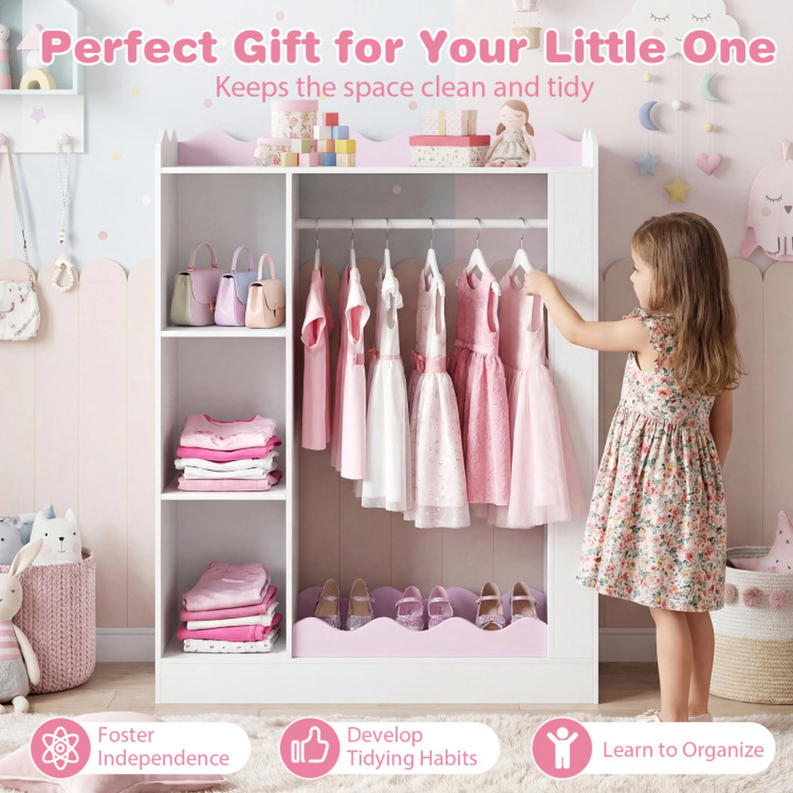 SUGIFT Pink Kids Dress Up Storage Wardrobe Closet with Full-Length Acrylic Mirror 3 Cubes and 20.5-in Hanging Rack