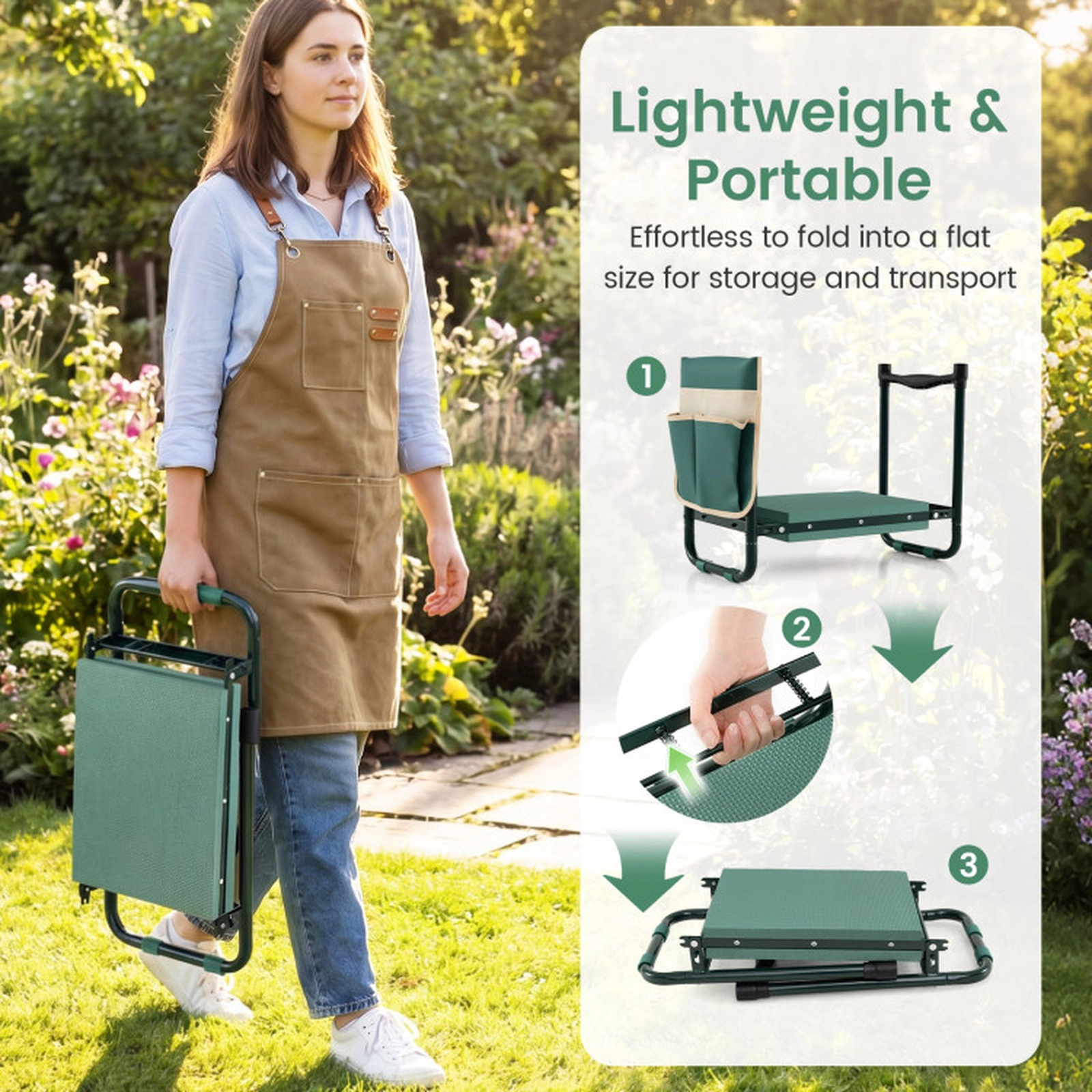 SUGIFT Foldable Detachable Kneeling Pad EVA Padding Garden Kneeler Seat 21-in x 12-in x 17-in 350-lb Capacity Green